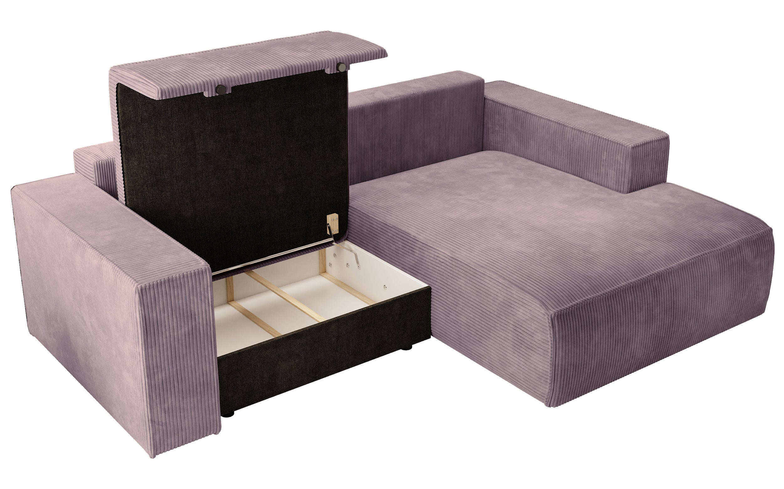 Ecksofa mit Schlaffunktion Farese Mini, L-förmig, rechtsseitig, mit Stauraum, fliederfarbener Cordstoff
