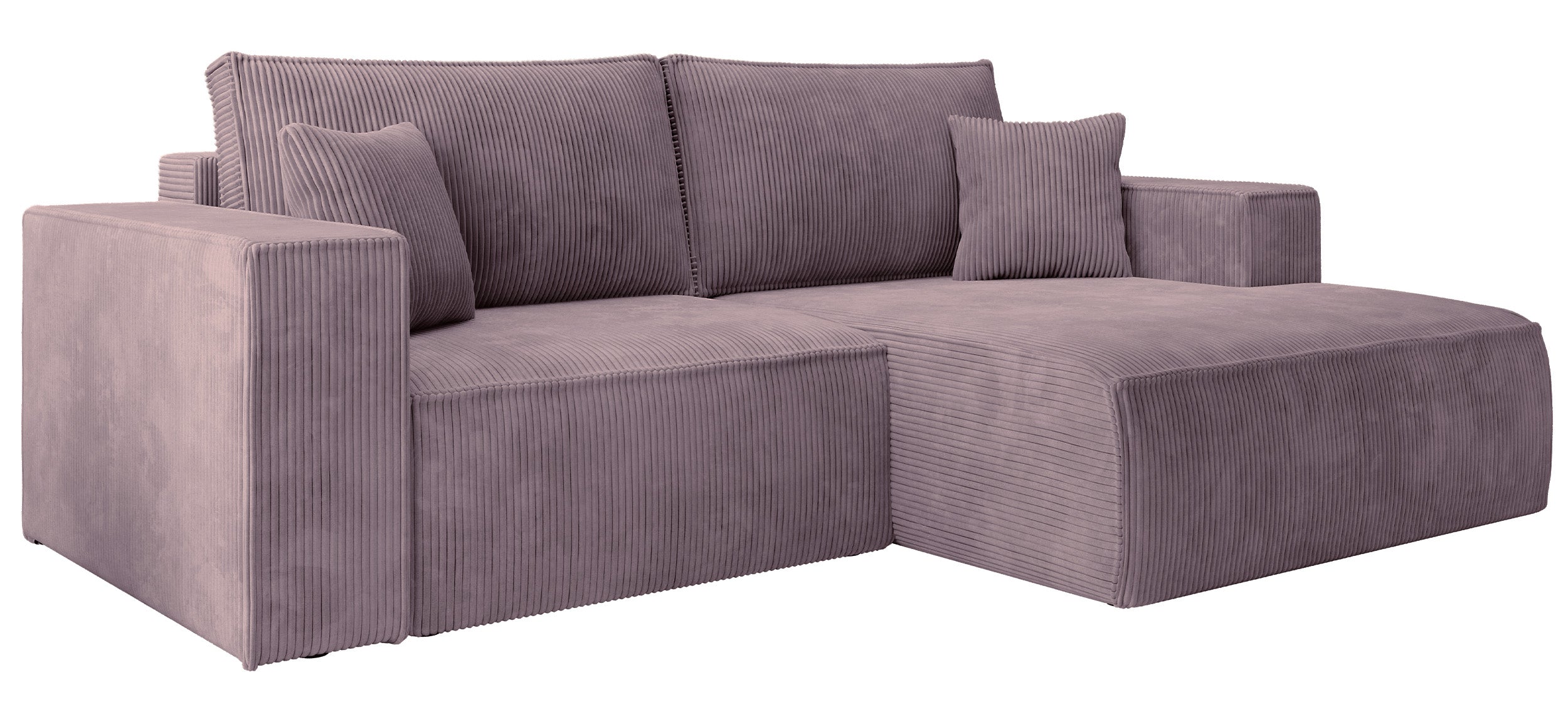 Ecksofa mit Schlaffunktion Farese Mini, L-förmig, rechtsseitig, mit Stauraum, fliederfarbener Cordstoff