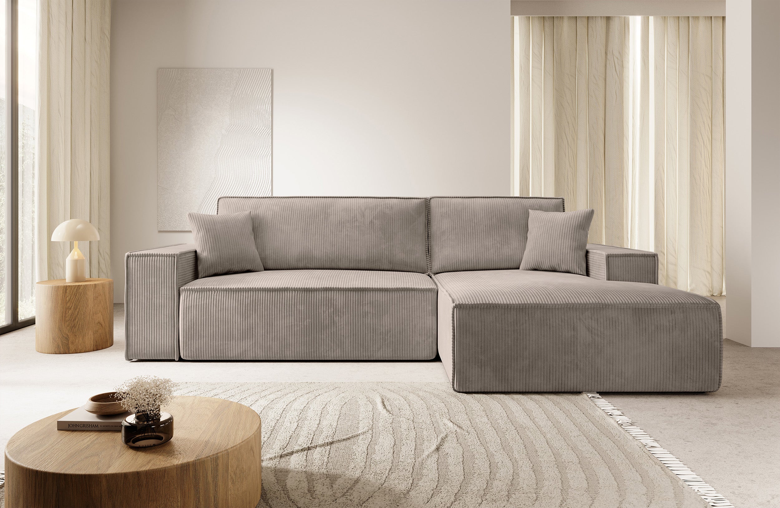 Ecksofa mit Schlaffunktion Farese New, L-förmig, mit Stauraum, beige Cord, rechtsseitig
