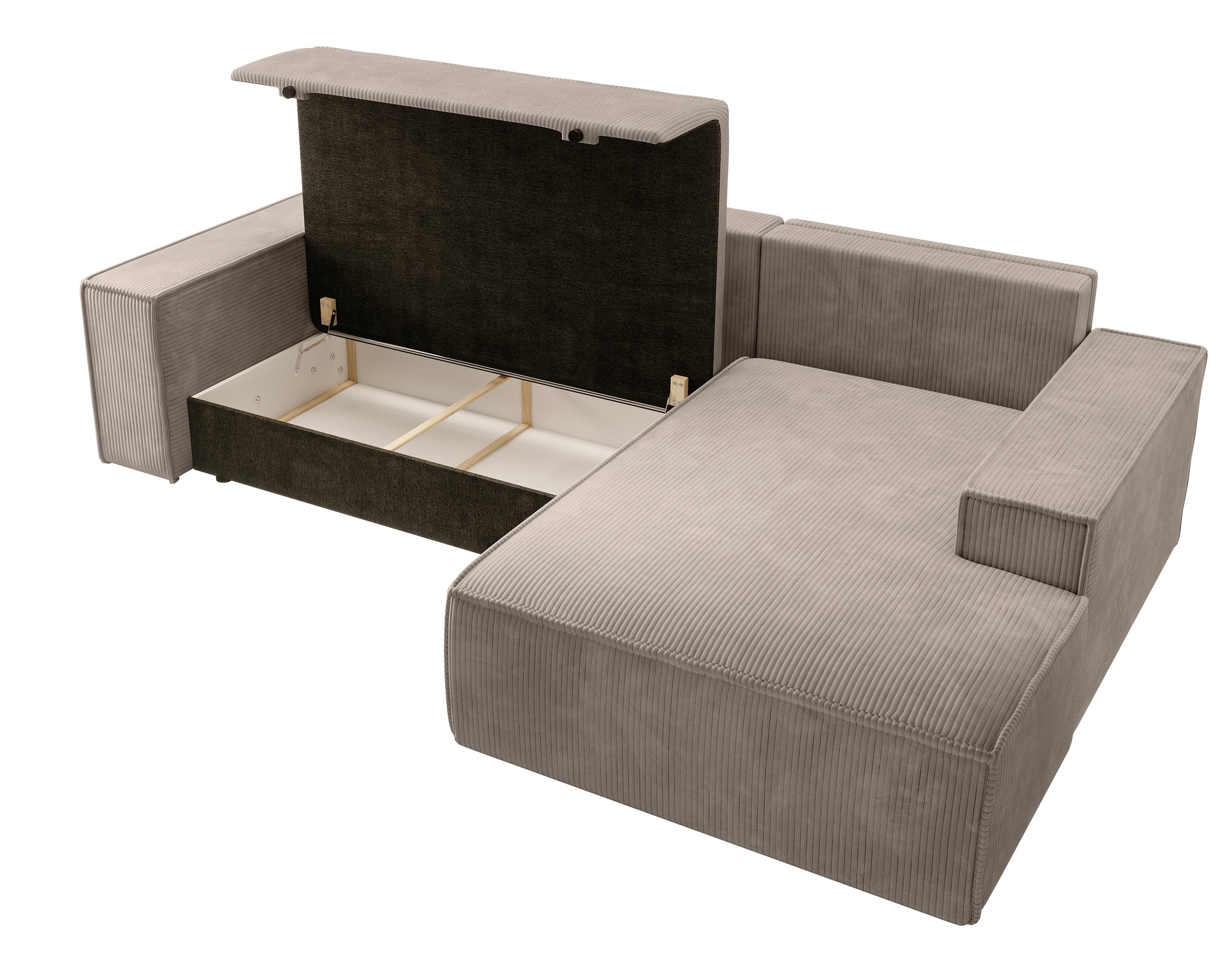 Ecksofa mit Schlaffunktion Farese New, L-förmig, mit Stauraum, beige Cord, rechtsseitig