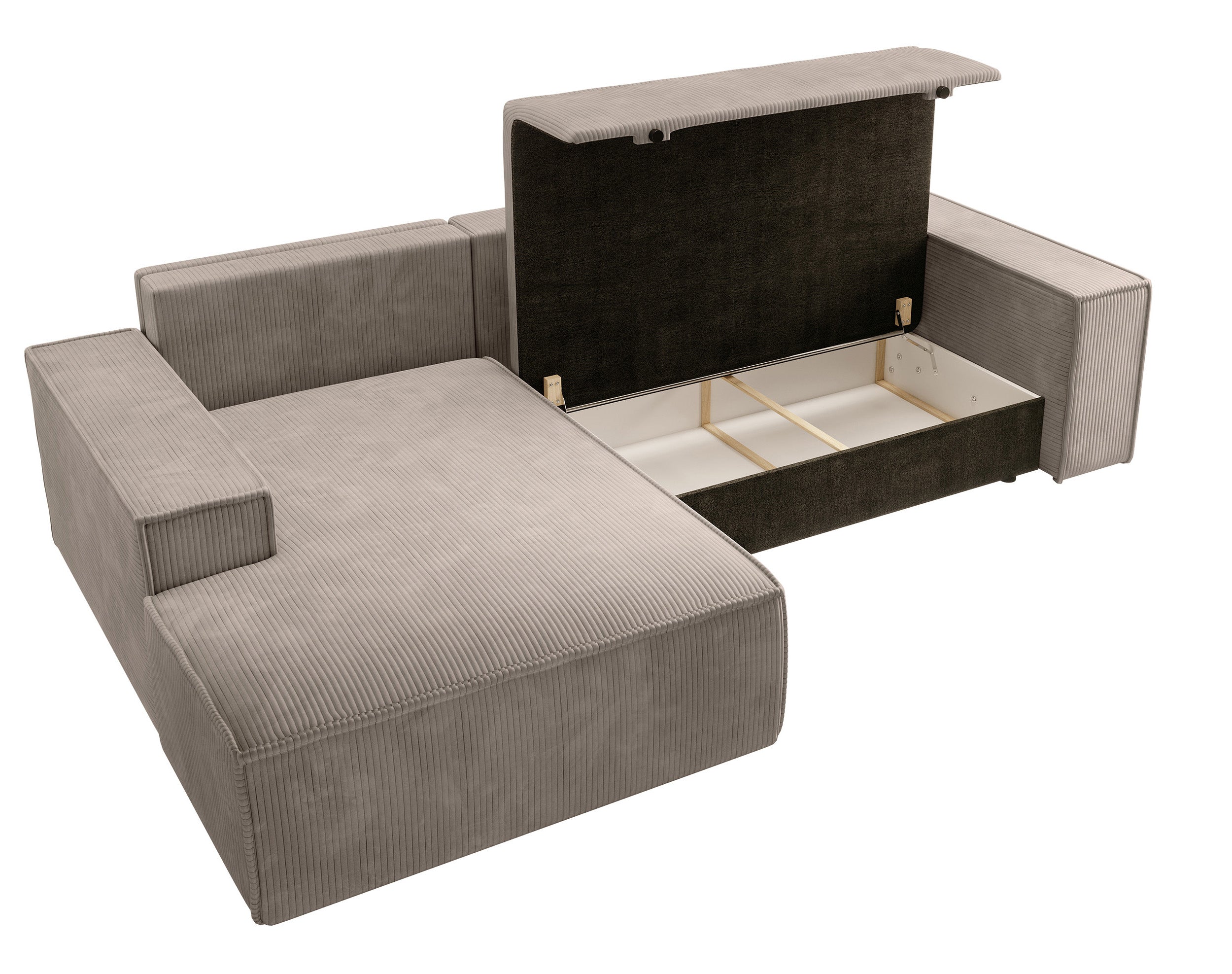 Ecksofa mit Schlaffunktion Farese New L-förmig mit Stauraum, beige Cord, linksseitig