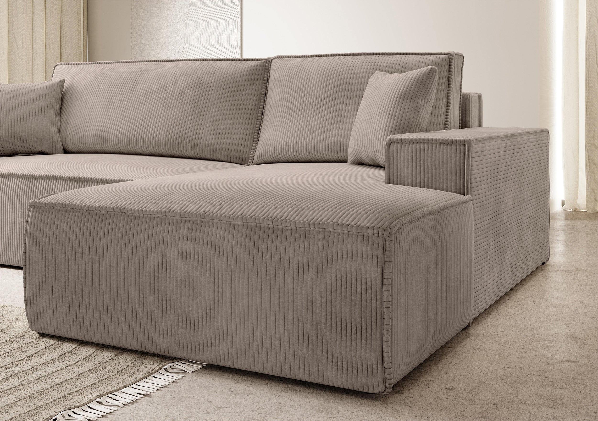 Ecksofa mit Schlaffunktion Farese New, L-förmig, mit Stauraum, beige Cord, rechtsseitig