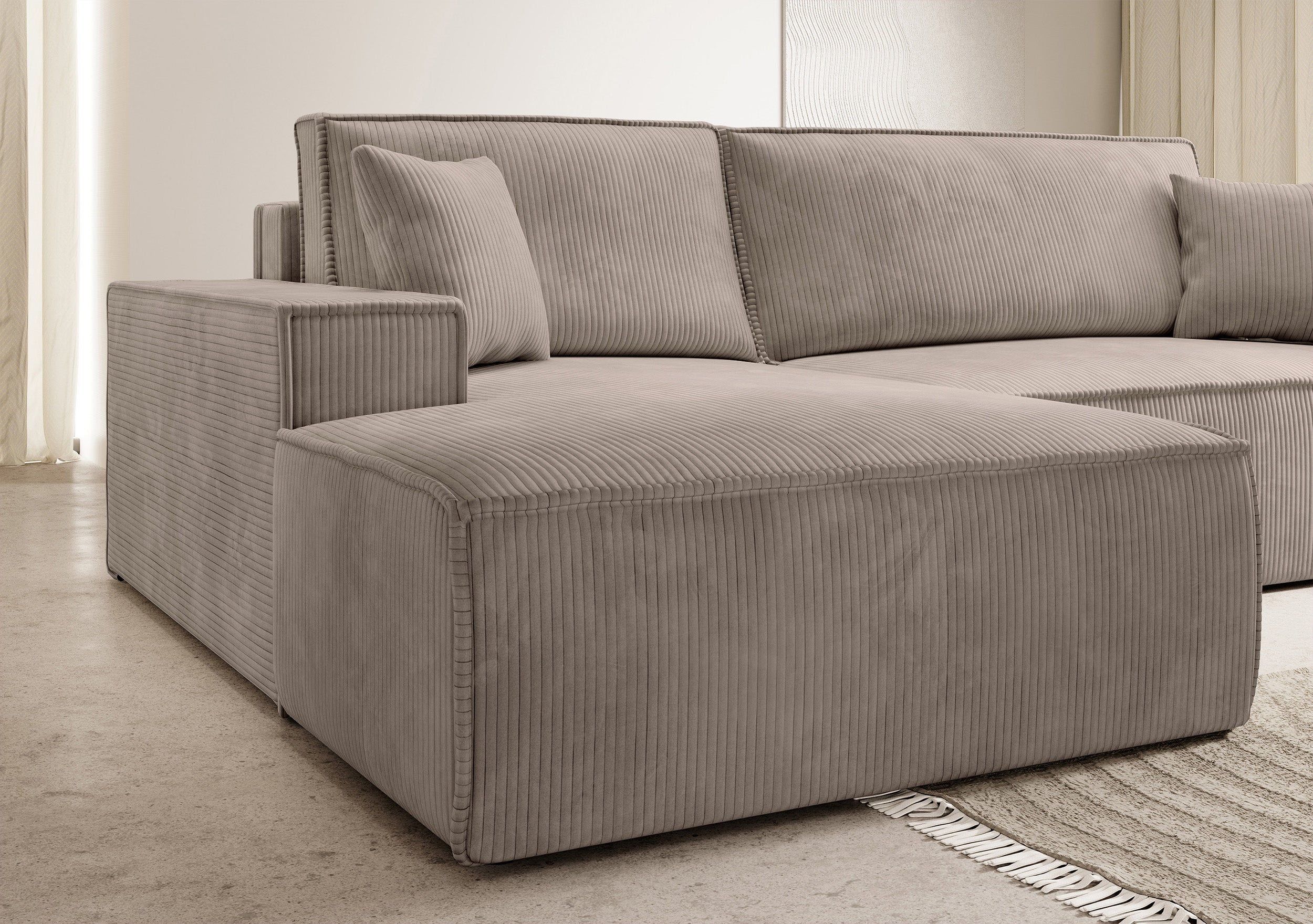 Ecksofa mit Schlaffunktion Farese New L-förmig mit Stauraum, beige Cord, linksseitig