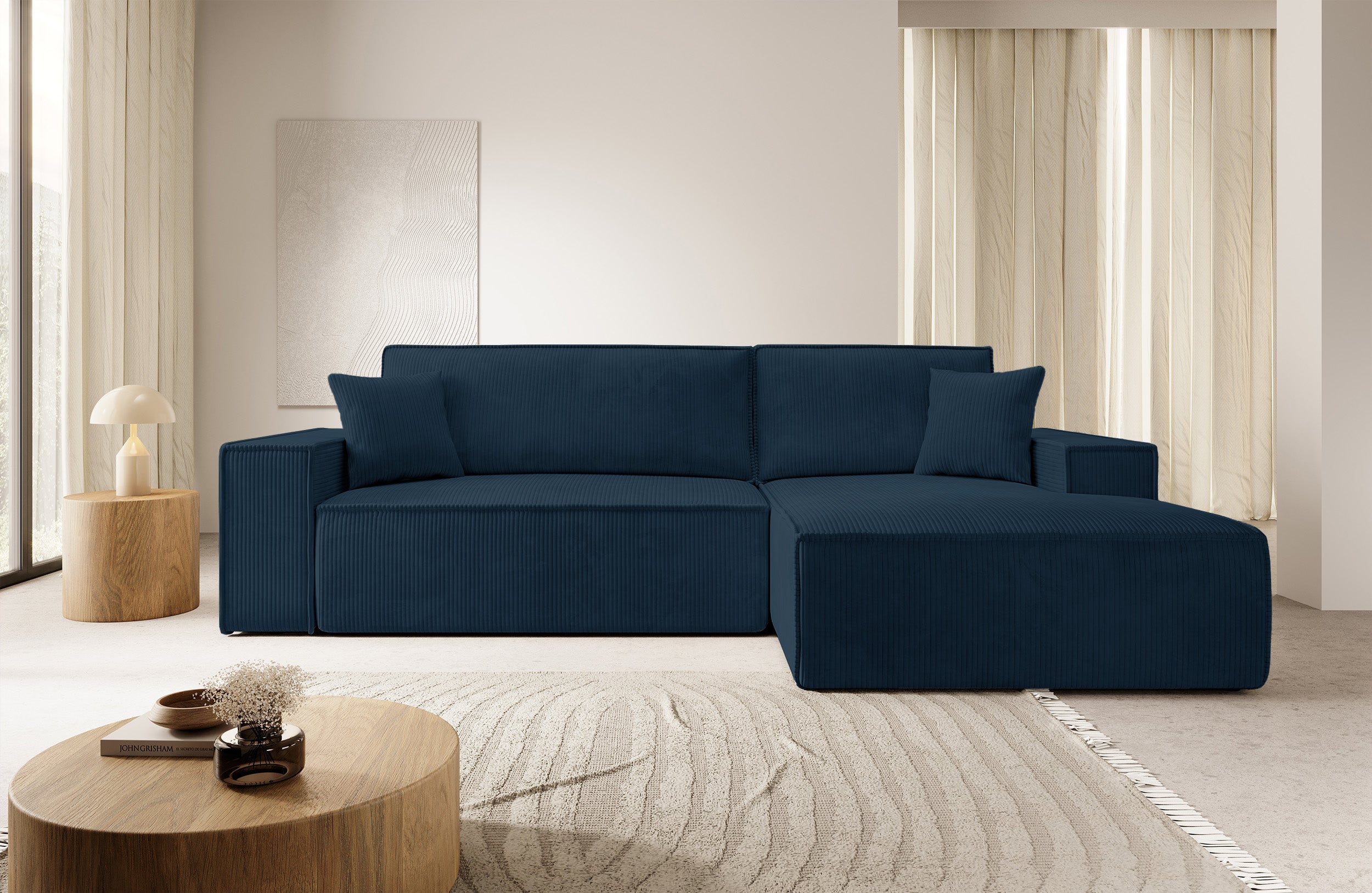 Ecksofa mit Schlaffunktion Farese New, L-förmig, mit Stauraum, dunkelblauer Cord, rechtsseitig