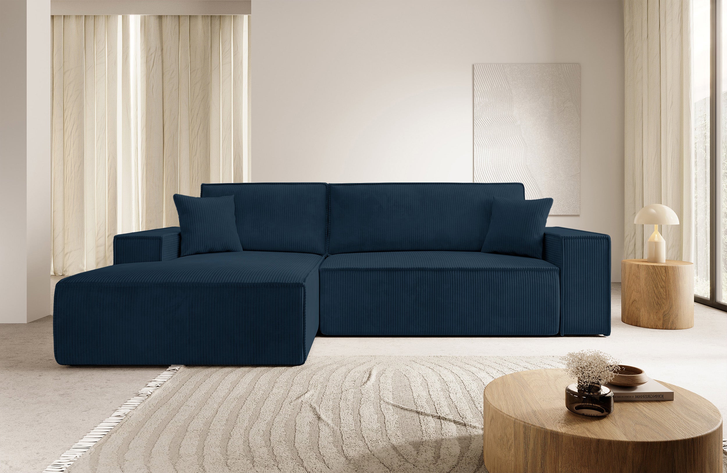 Ecksofa mit Schlaf-Funktion Farese New, L-förmig, mit Stauraum, dunkelblauer Cord, linksseitig