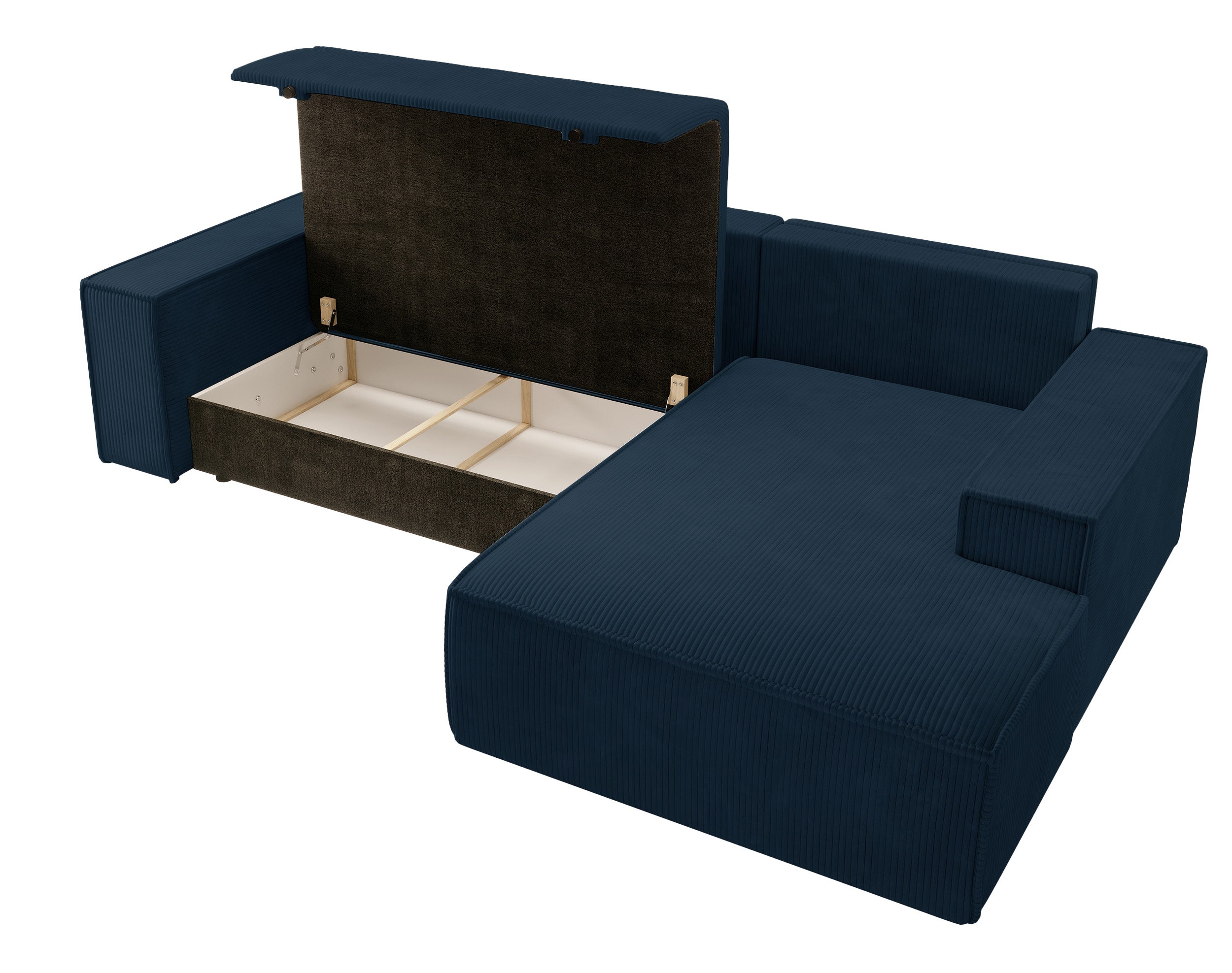 Ecksofa mit Schlaffunktion Farese New, L-förmig, mit Stauraum, dunkelblauer Cord, rechtsseitig
