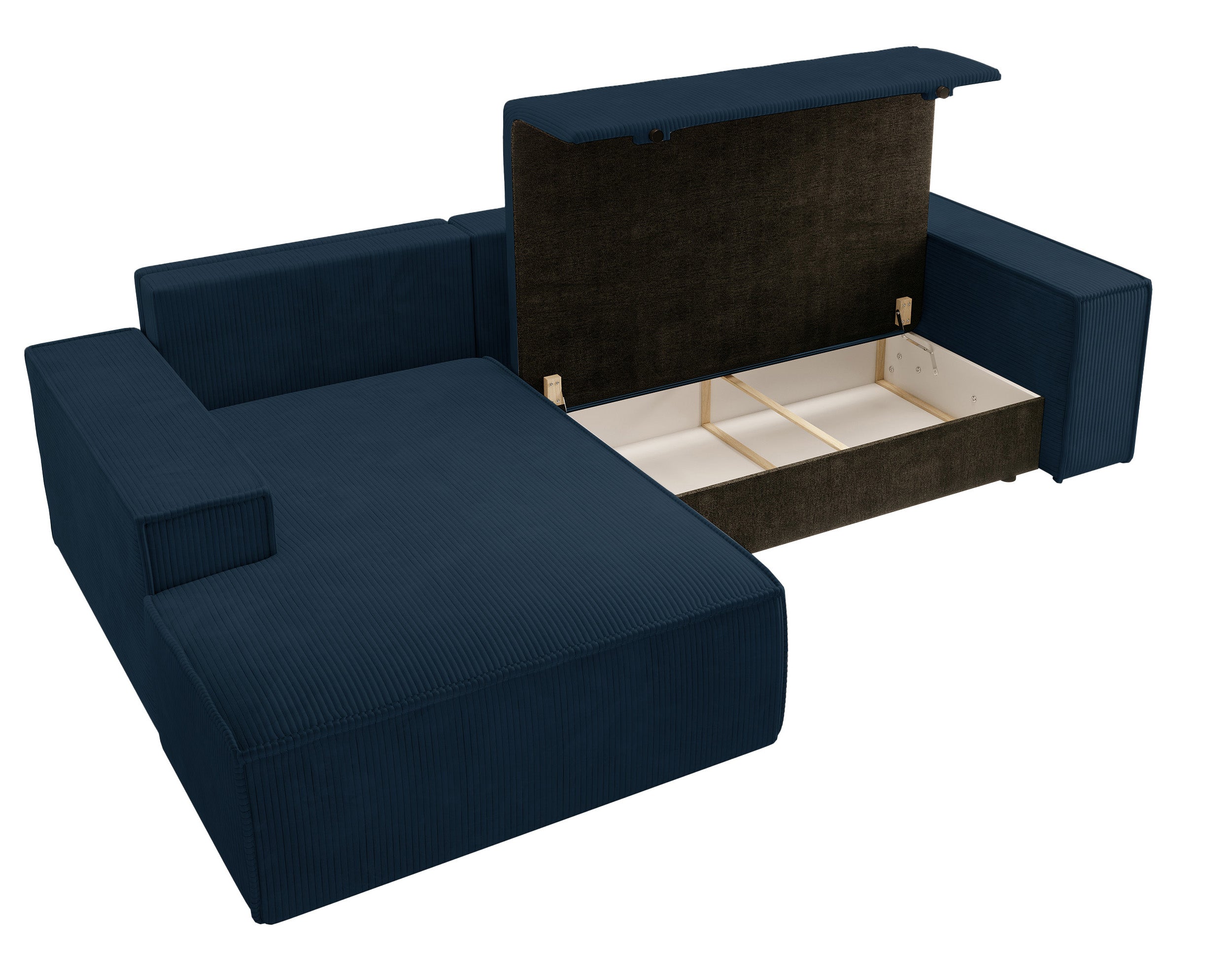 Ecksofa mit Schlaf-Funktion Farese New, L-förmig, mit Stauraum, dunkelblauer Cord, linksseitig