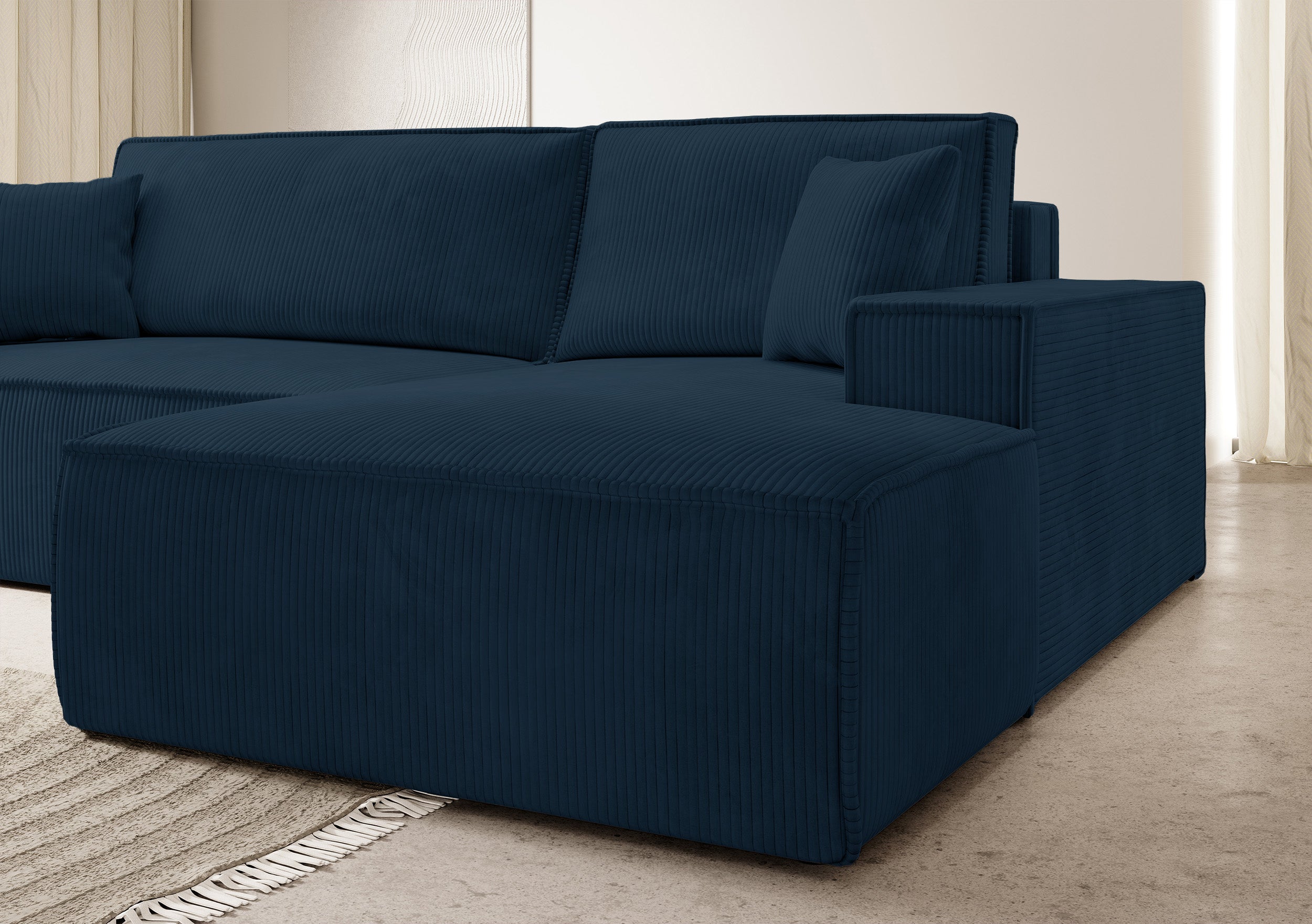 Ecksofa mit Schlaffunktion Farese New, L-förmig, mit Stauraum, dunkelblauer Cord, rechtsseitig