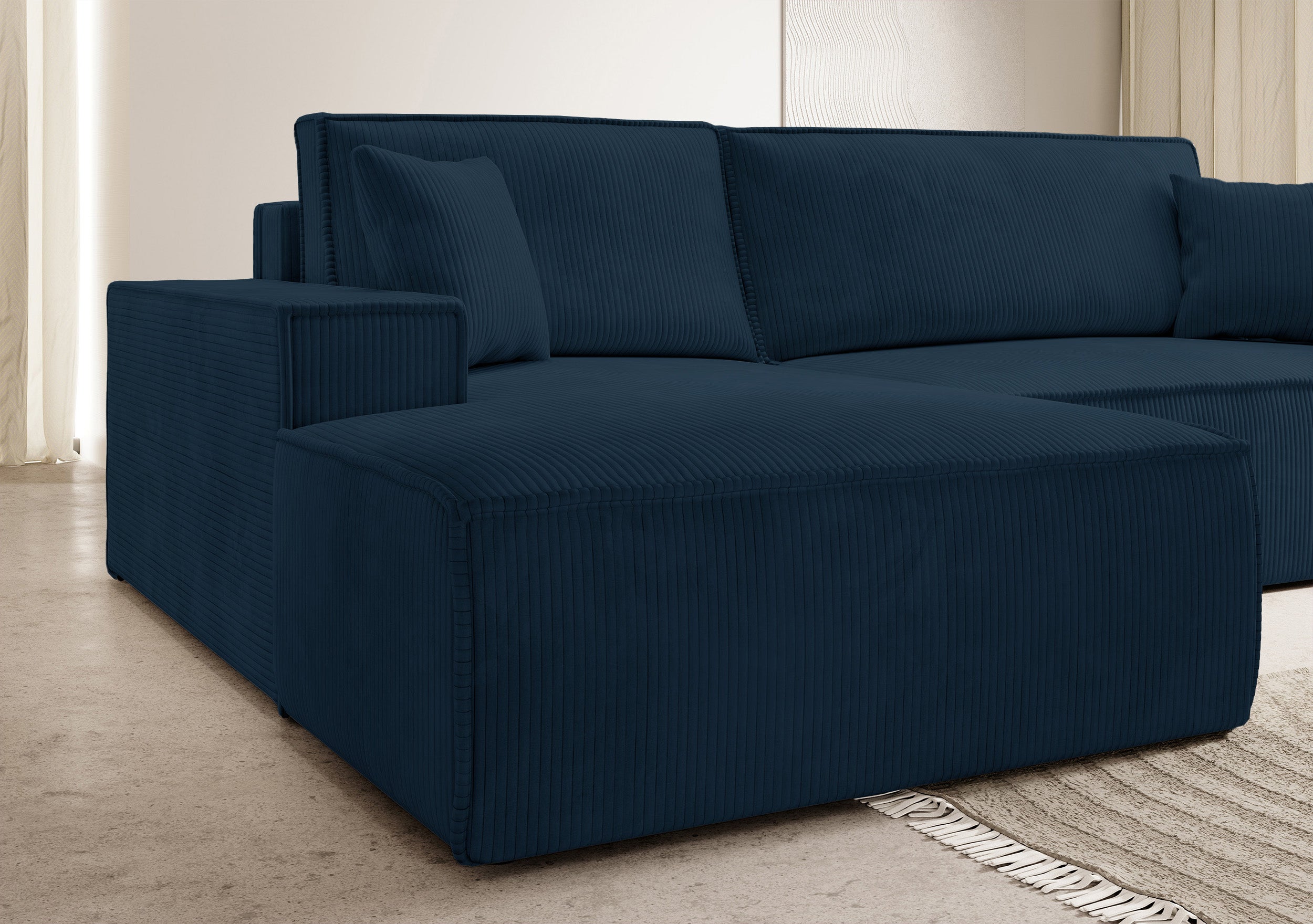 Ecksofa mit Schlaf-Funktion Farese New, L-förmig, mit Stauraum, dunkelblauer Cord, linksseitig