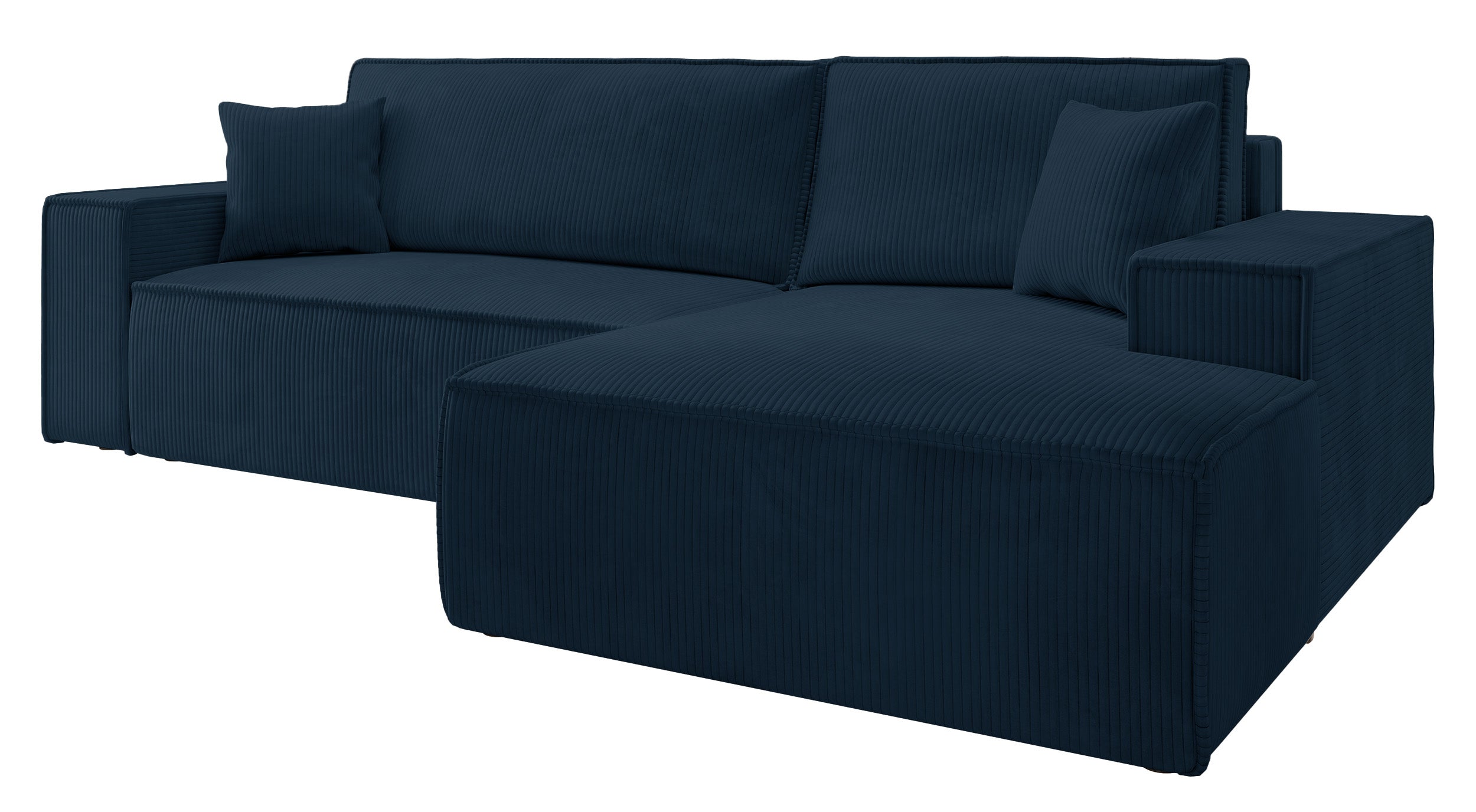 Ecksofa mit Schlaffunktion Farese New, L-förmig, mit Stauraum, dunkelblauer Cord, rechtsseitig