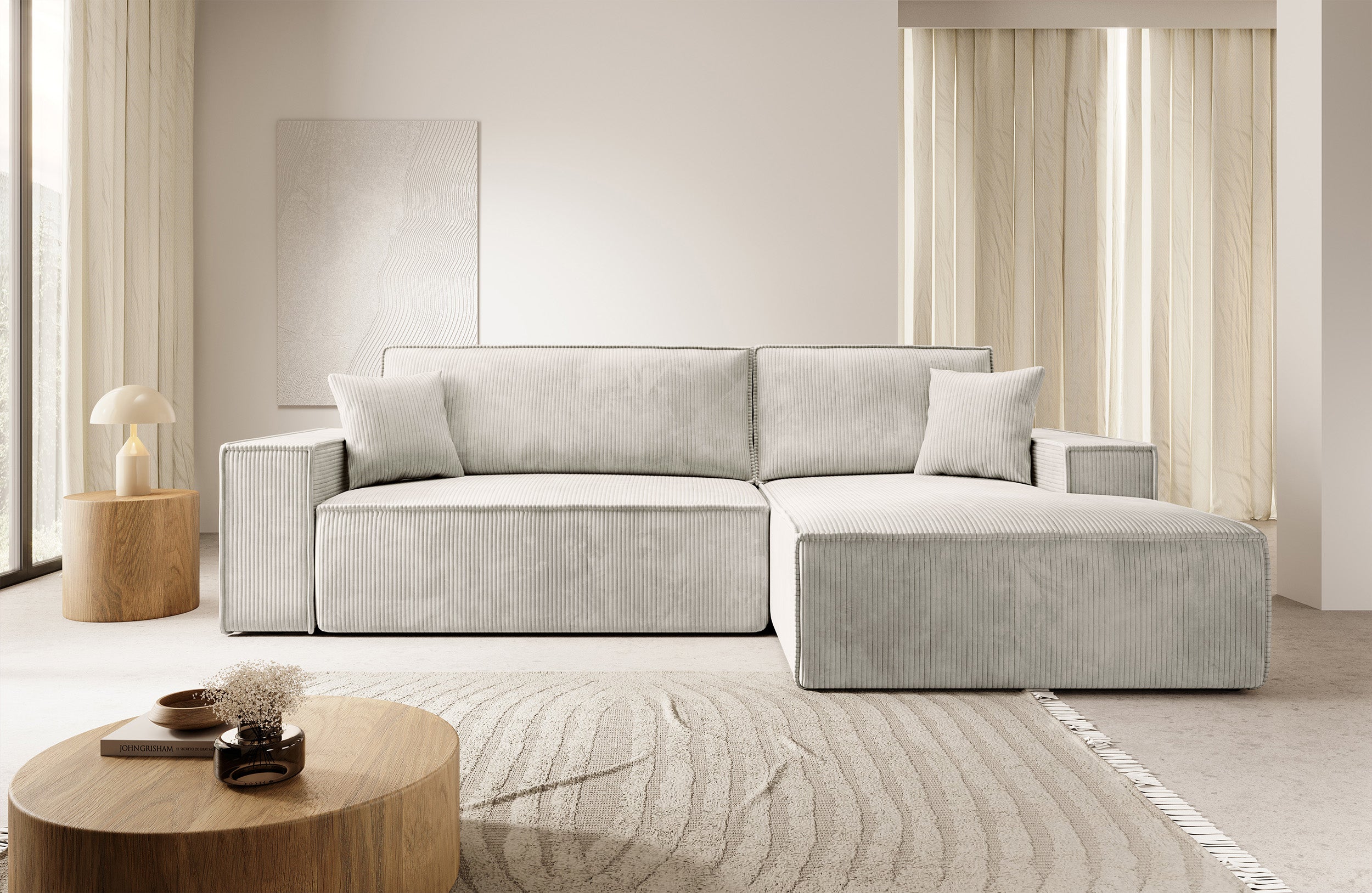 Ecksofa mit Schlafunktion Farese New, L-förmig mit Stauraum, cremefarbener Cord, rechtsseitig