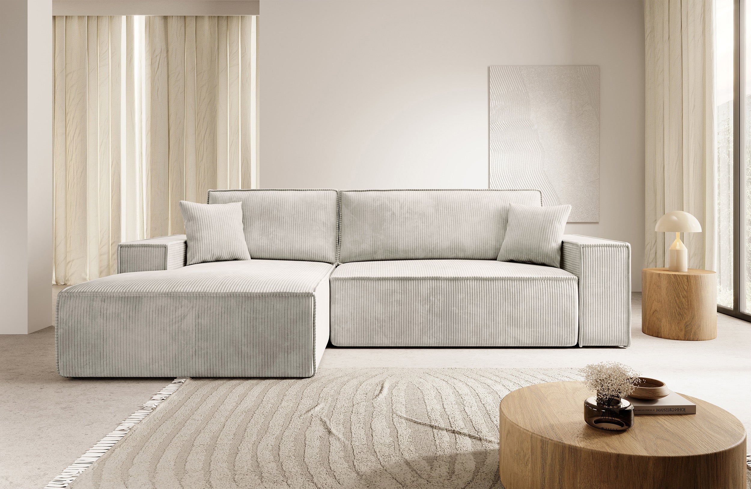Ecksofa mit Schlafunktion Farese New L-förmig mit Stauraum, cremefarbener Cord, linksseitig