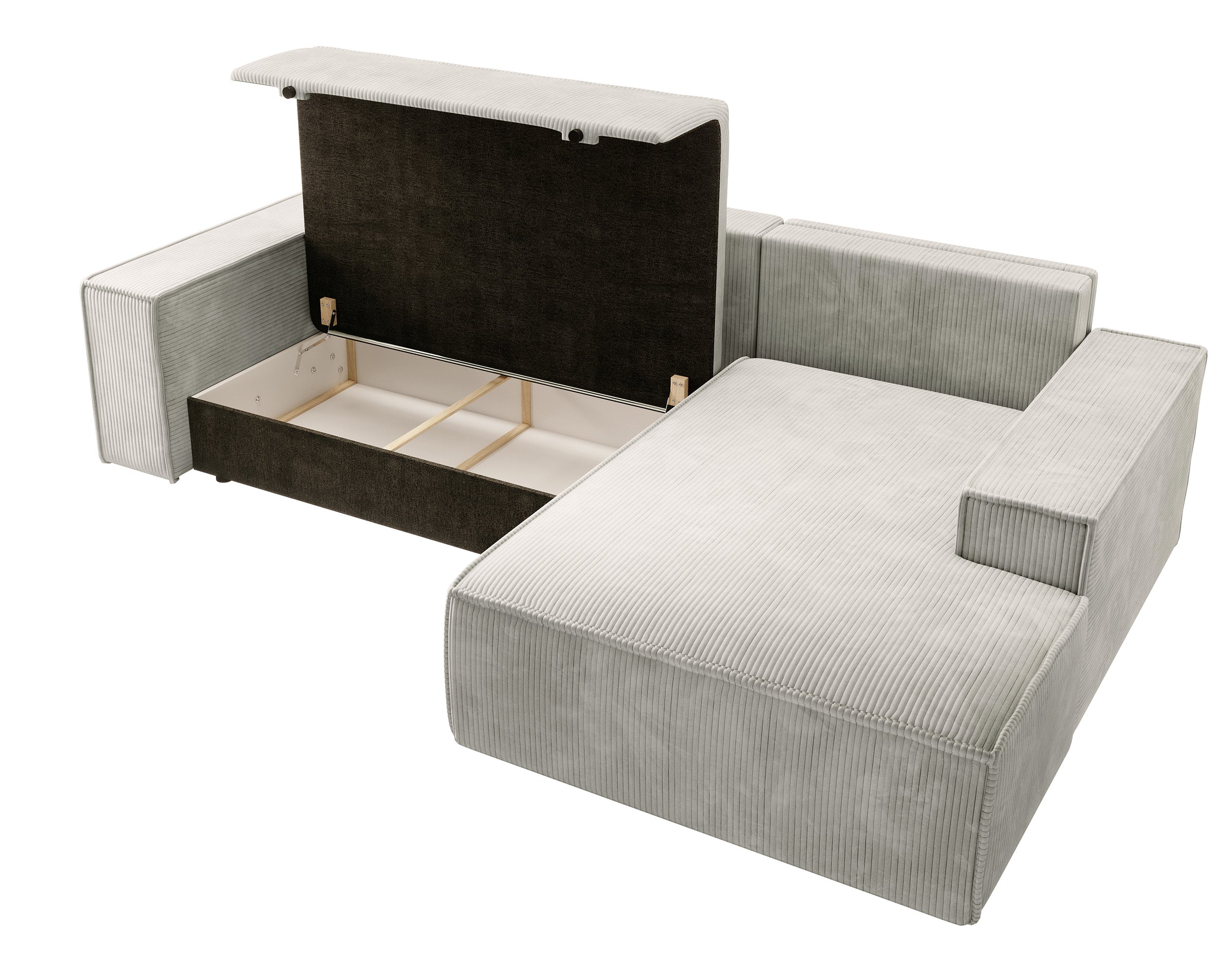 Ecksofa mit Schlafunktion Farese New, L-förmig mit Stauraum, cremefarbener Cord, rechtsseitig