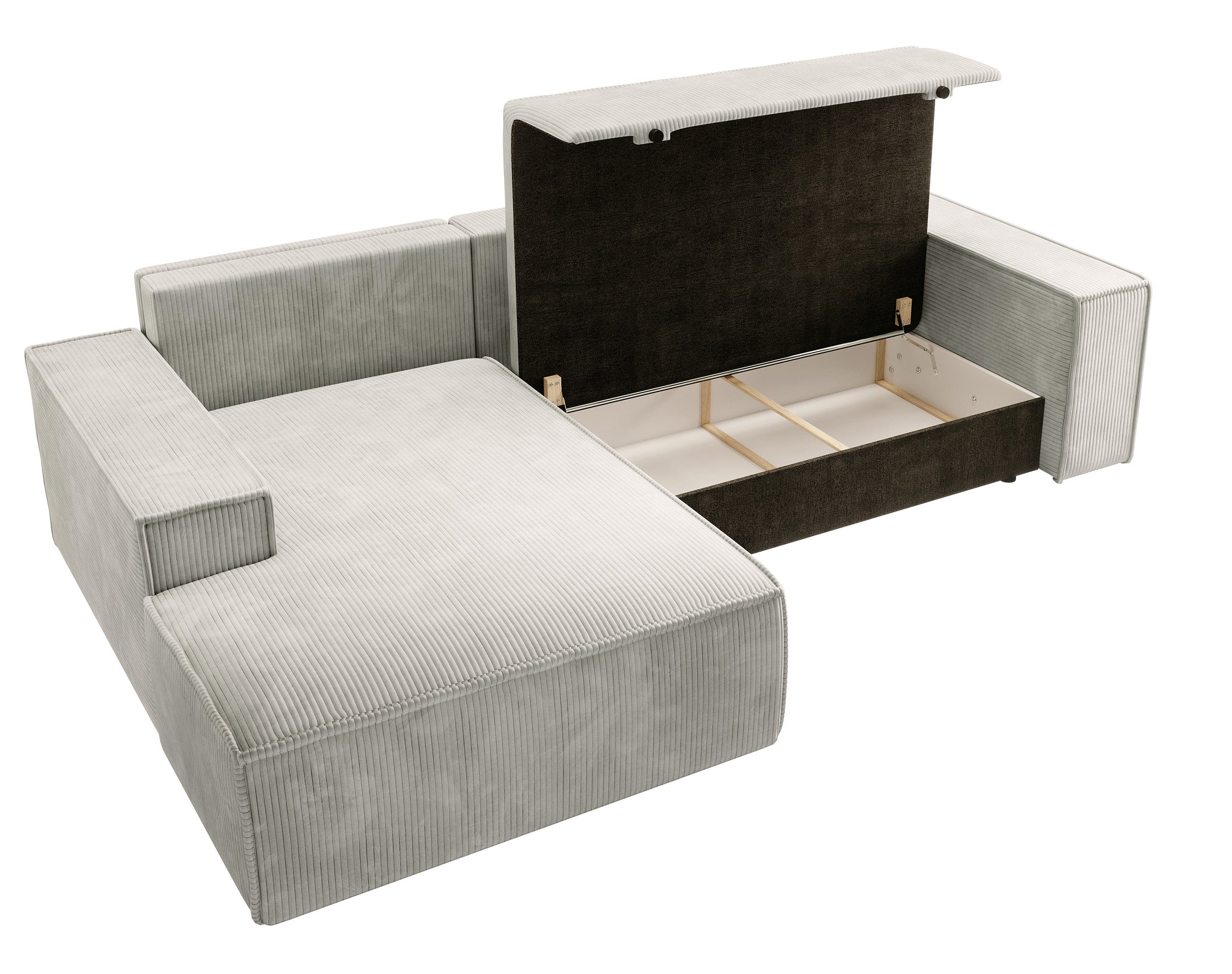 Ecksofa mit Schlafunktion Farese New L-förmig mit Stauraum, cremefarbener Cord, linksseitig