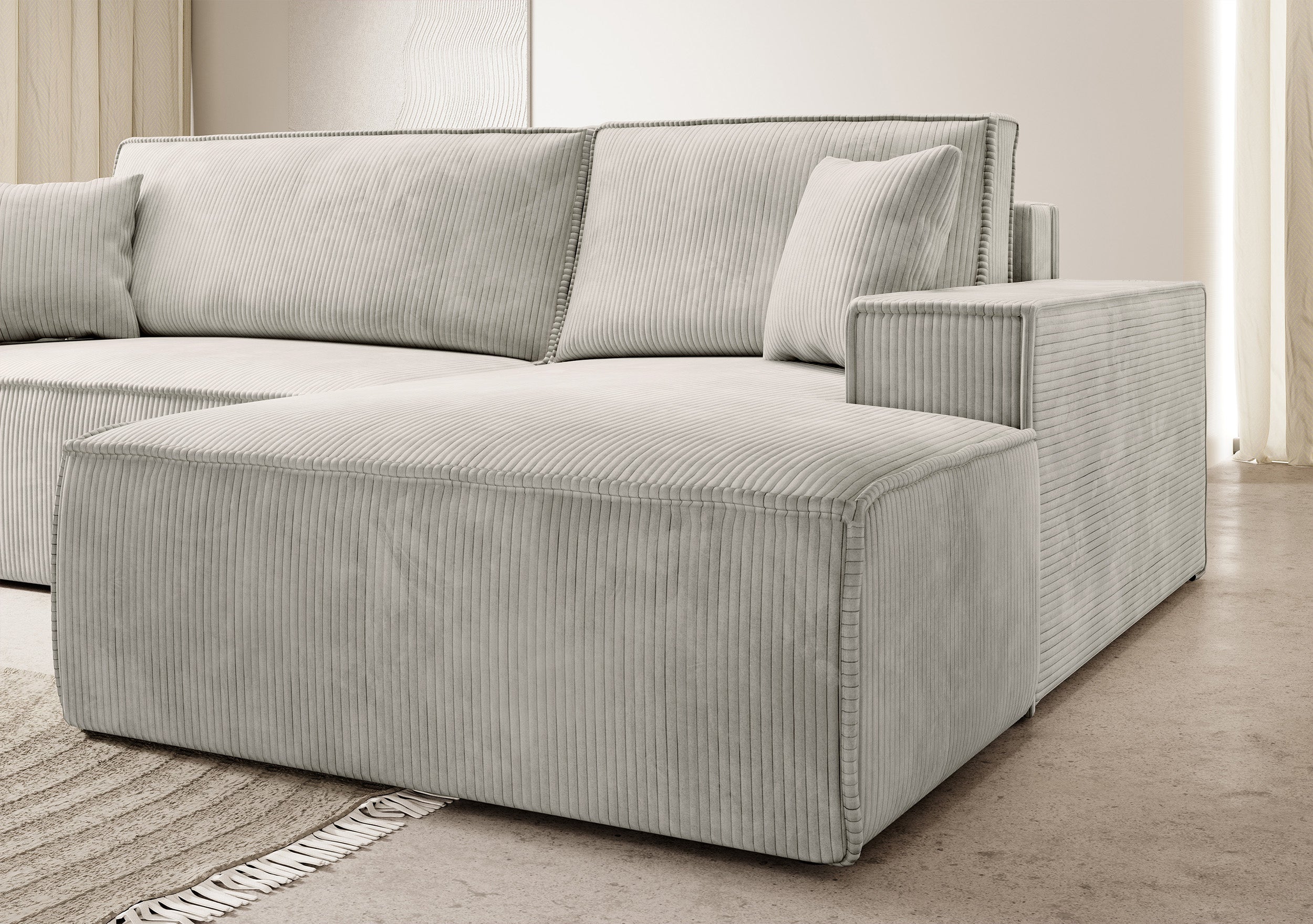 Ecksofa mit Schlafunktion Farese New, L-förmig mit Stauraum, cremefarbener Cord, rechtsseitig