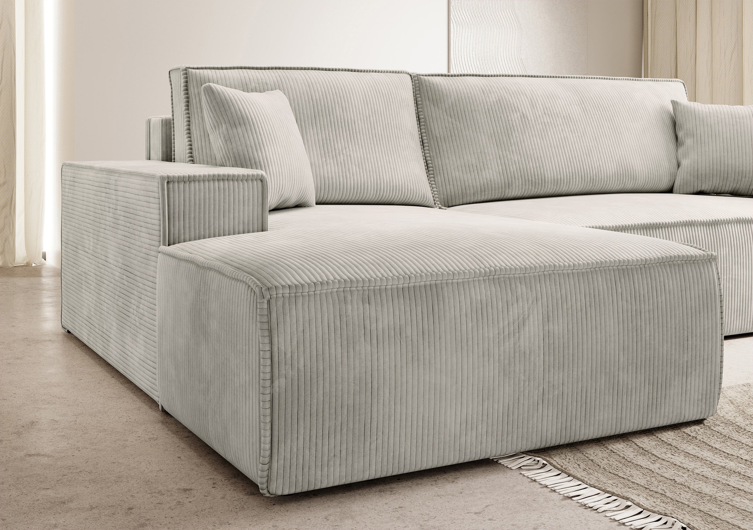 Ecksofa mit Schlafunktion Farese New L-förmig mit Stauraum, cremefarbener Cord, linksseitig
