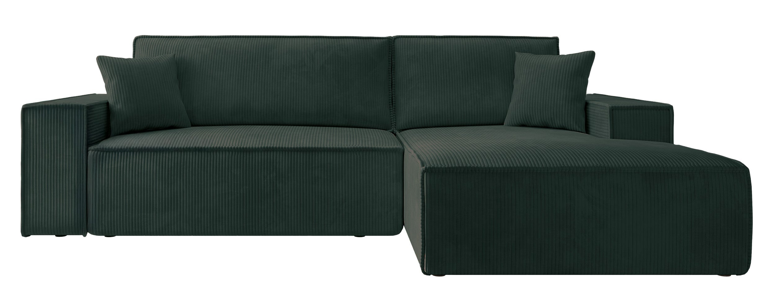 Ecksofa mit Schlaffunktion Farese New L-förmig mit Stauraum, grüner Cord, rechtsseitig