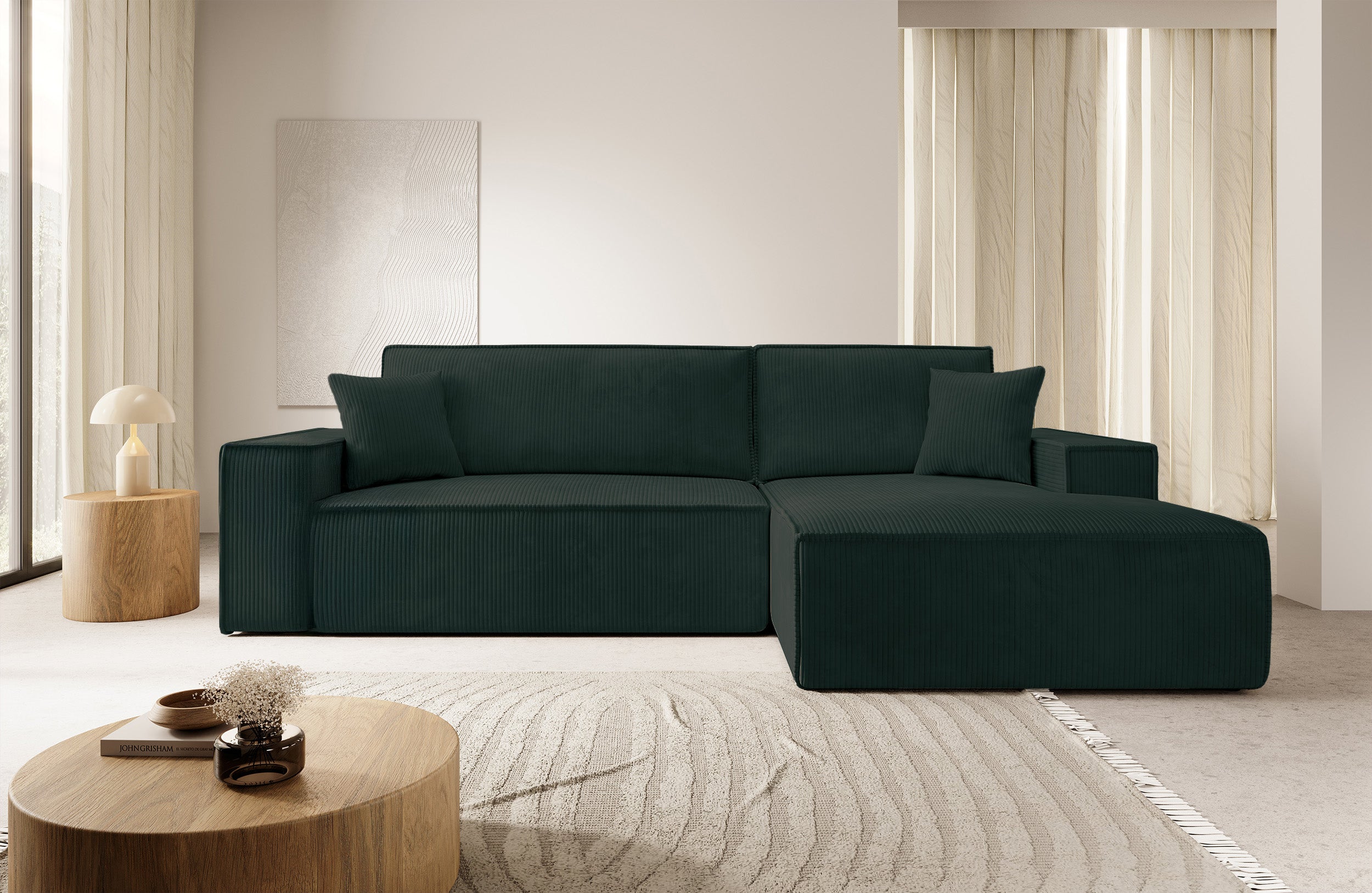 Ecksofa mit Schlaffunktion Farese New L-förmig mit Stauraum, grüner Cord, rechtsseitig