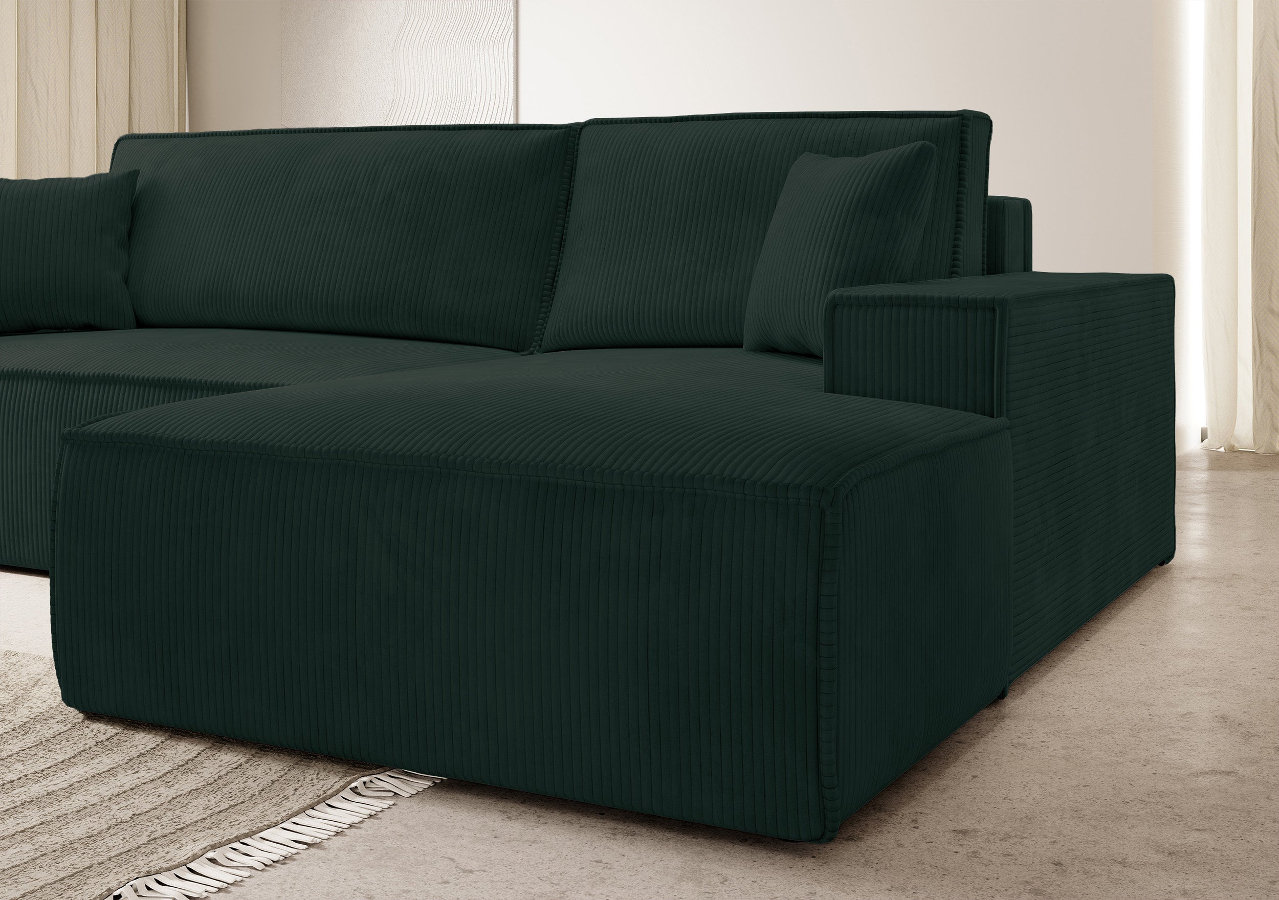 Ecksofa mit Schlaffunktion Farese New L-förmig mit Stauraum, grüner Cord, rechtsseitig