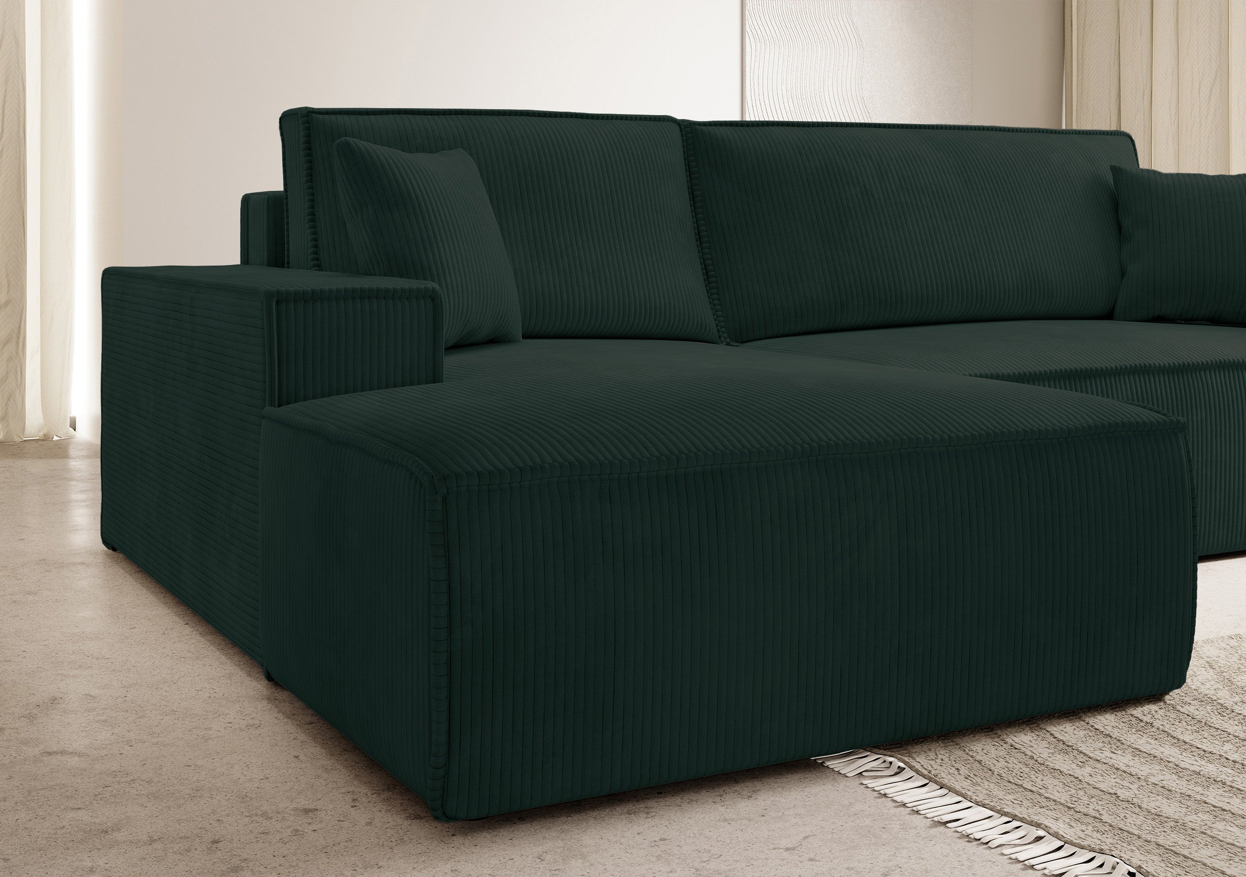 Ecksofa mit Schlaffunktion Farese New, L-förmig, mit Stauraum, grün, Cord, linksseitig
