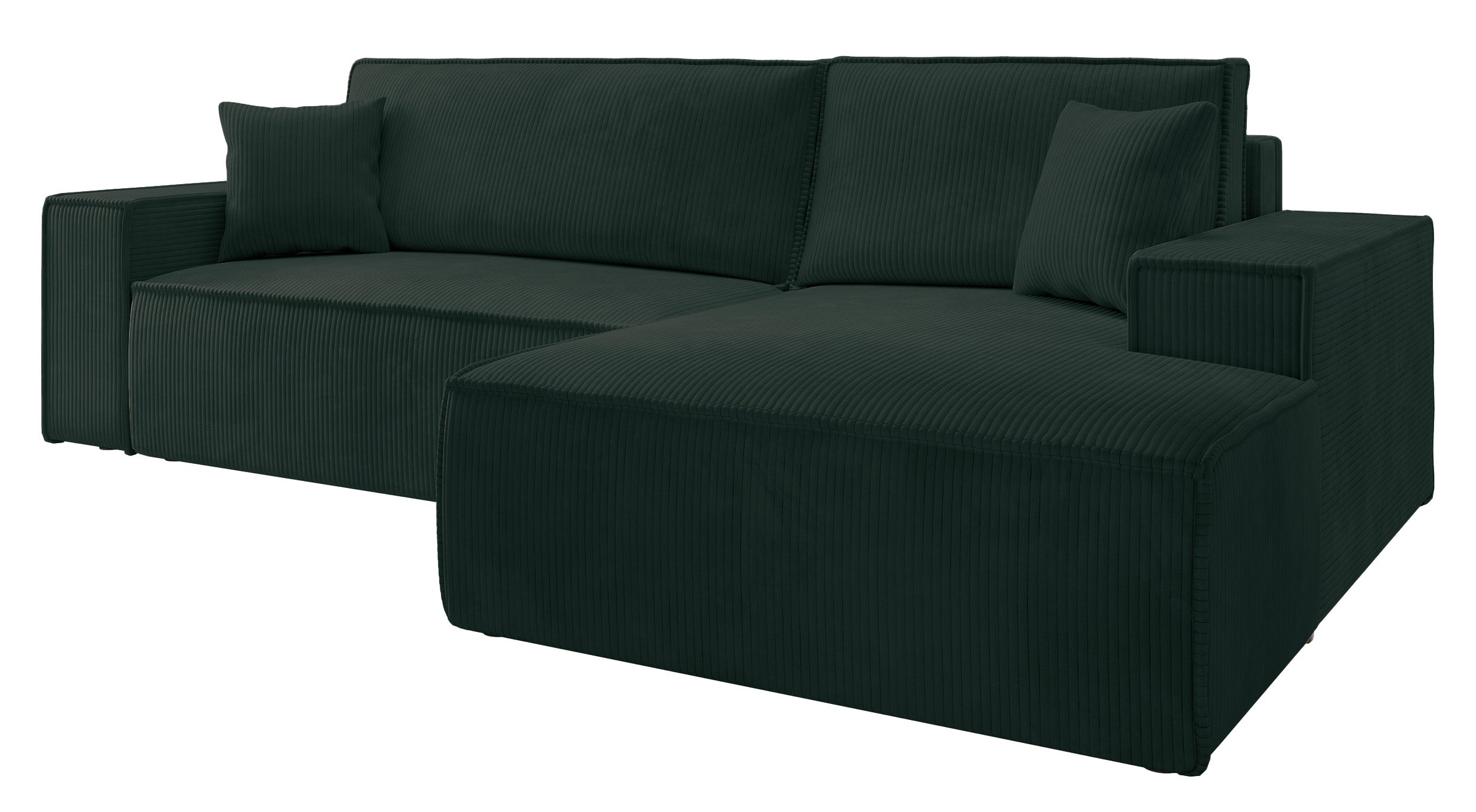 Ecksofa mit Schlaffunktion Farese New L-förmig mit Stauraum, grüner Cord, rechtsseitig