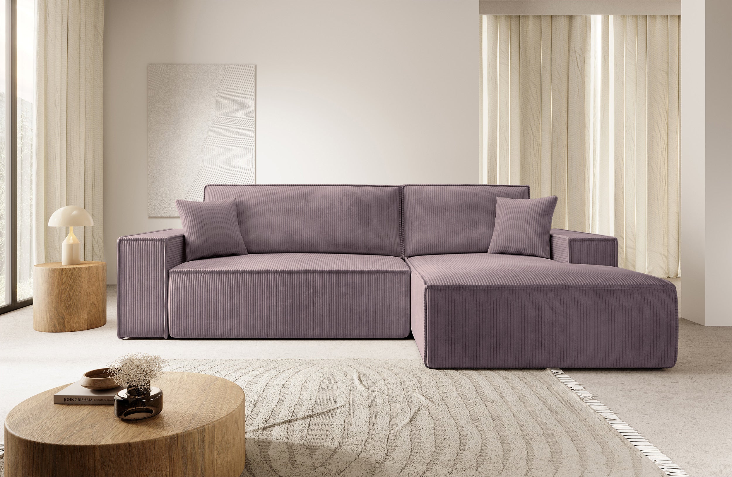 Ecksofa mit Schlaffunktion Farese New L-förmig mit Stauraum, rosa Cord, rechtsseitig