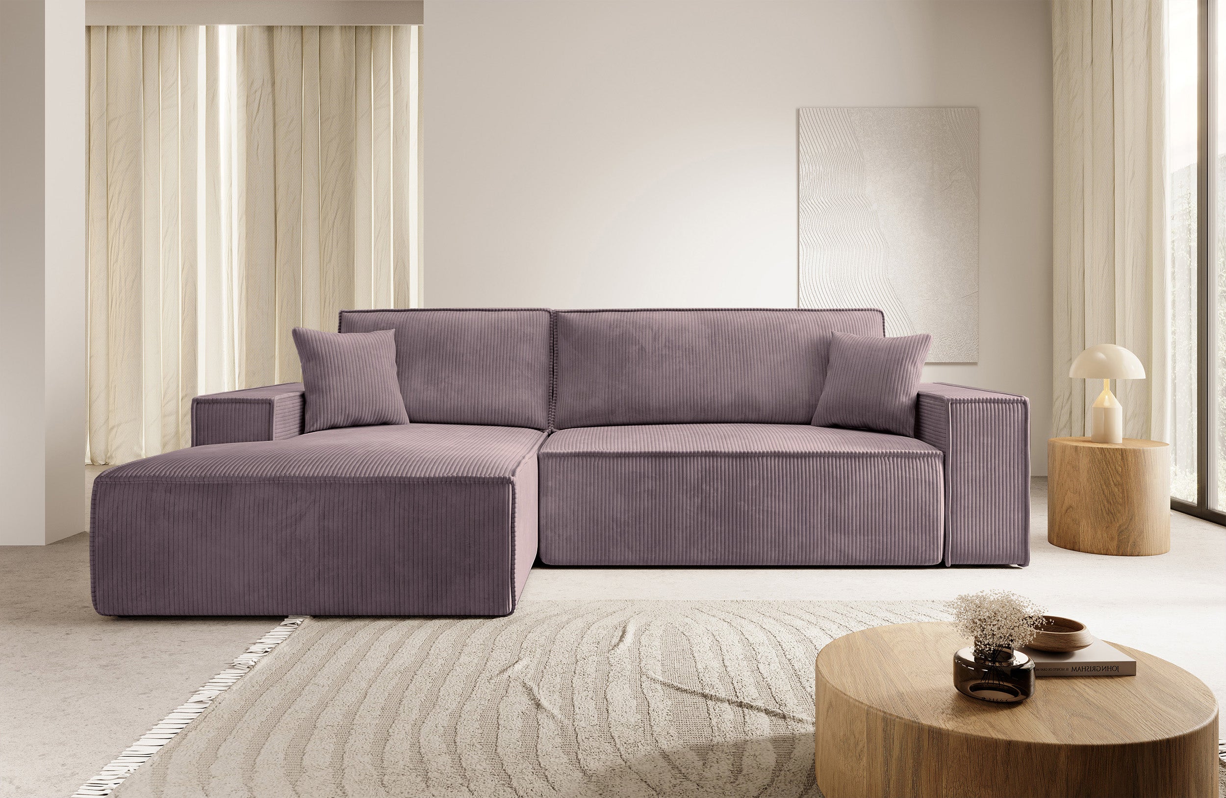 Ecksofa mit Schlafunktion Farese New L-förmig mit Stauraum, rosa Cord, linksseitig