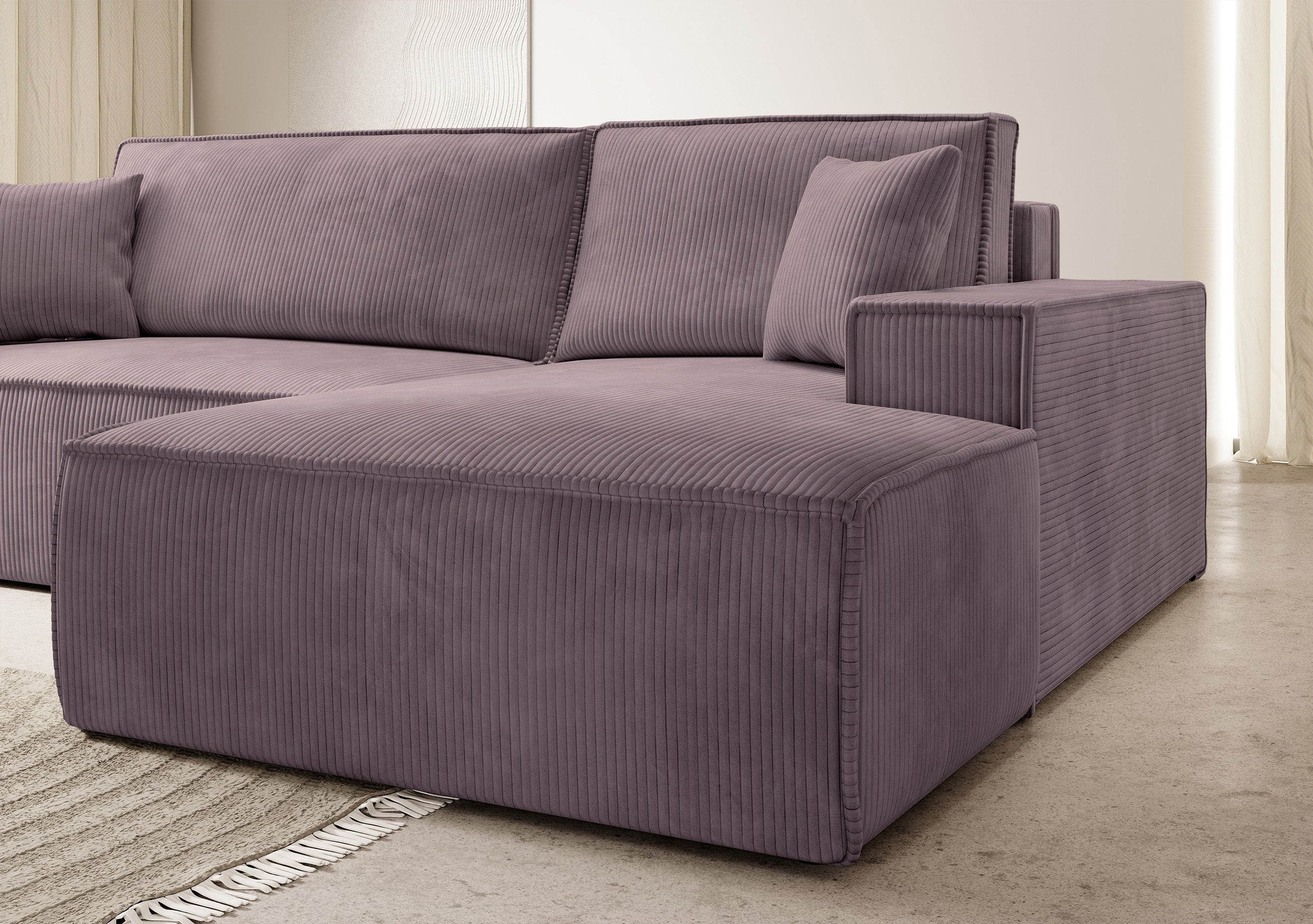 Ecksofa mit Schlaffunktion Farese New L-förmig mit Stauraum, rosa Cord, rechtsseitig