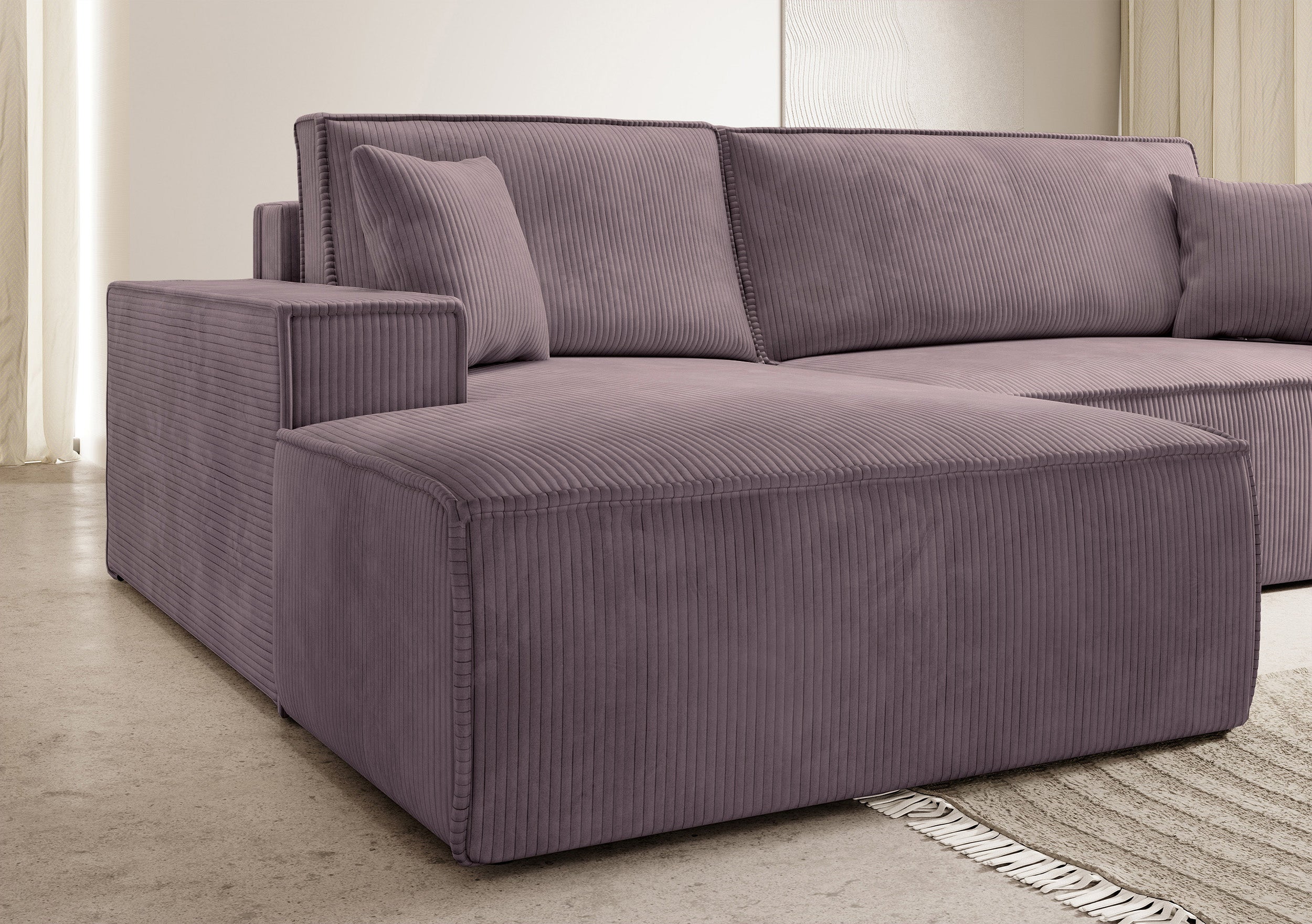 Ecksofa mit Schlafunktion Farese New L-förmig mit Stauraum, rosa Cord, linksseitig