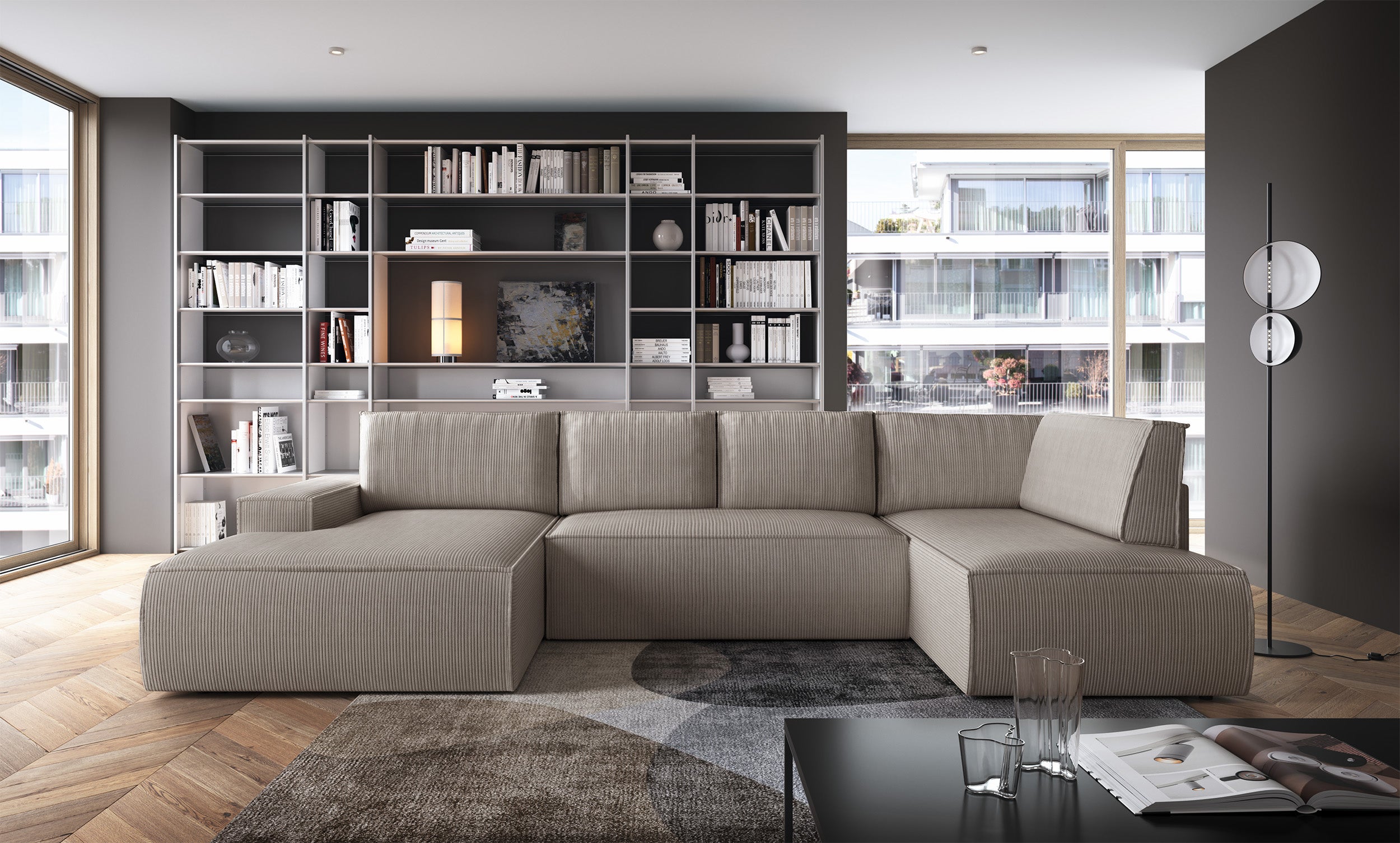 Ecksofa mit Schlaffunktion Farese New U-förmig mit Stauraum, linksseitig, beige Cordstoff