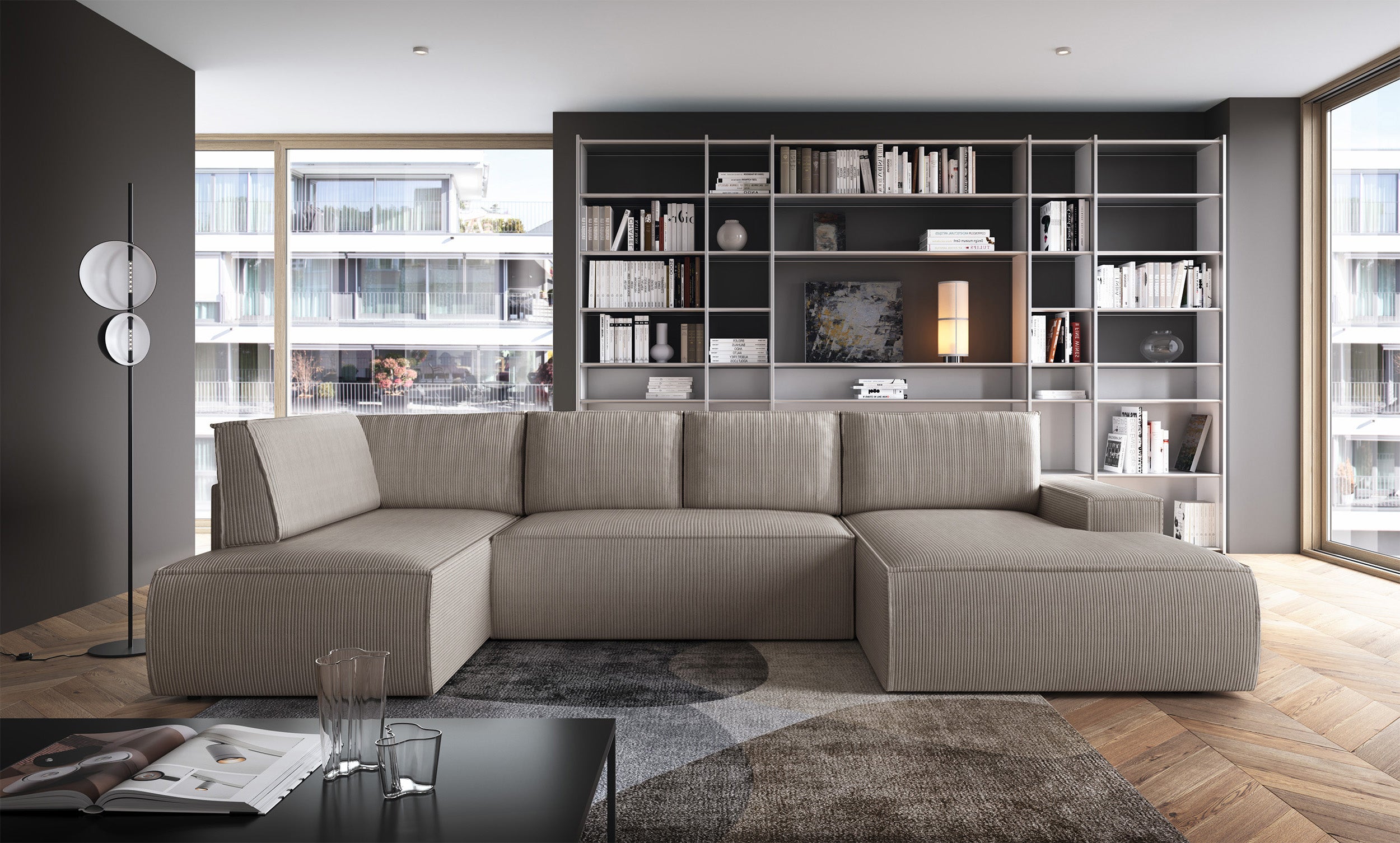 Ecksofa mit Schlaffunktion Farese New U-förmig mit Stauraum, rechtsseitig, beige Cord