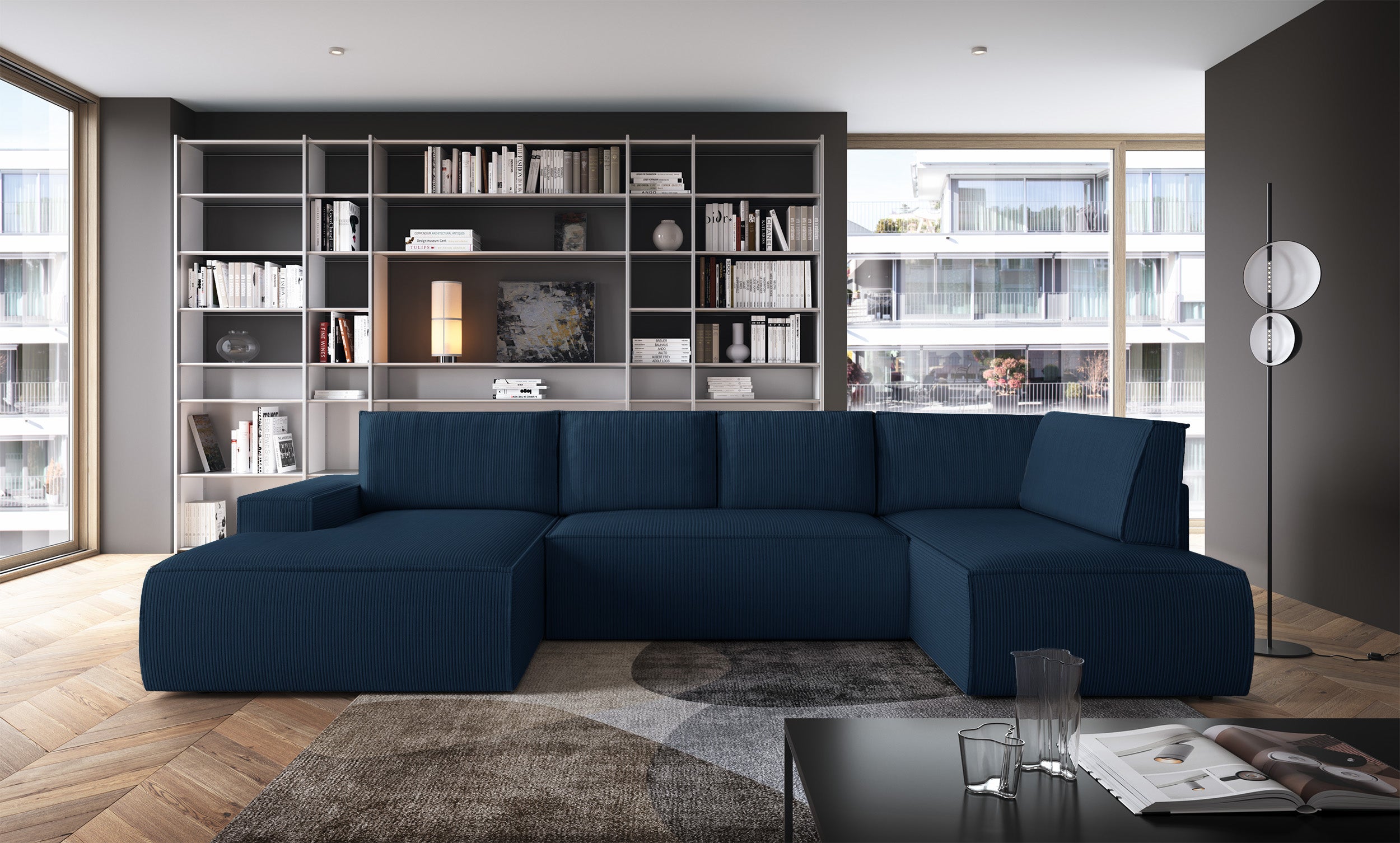Ecksofa mit Schlaffunktion Farese New U-förmig mit Stauraum, linksseitig, dunkelblauer Cordstoff