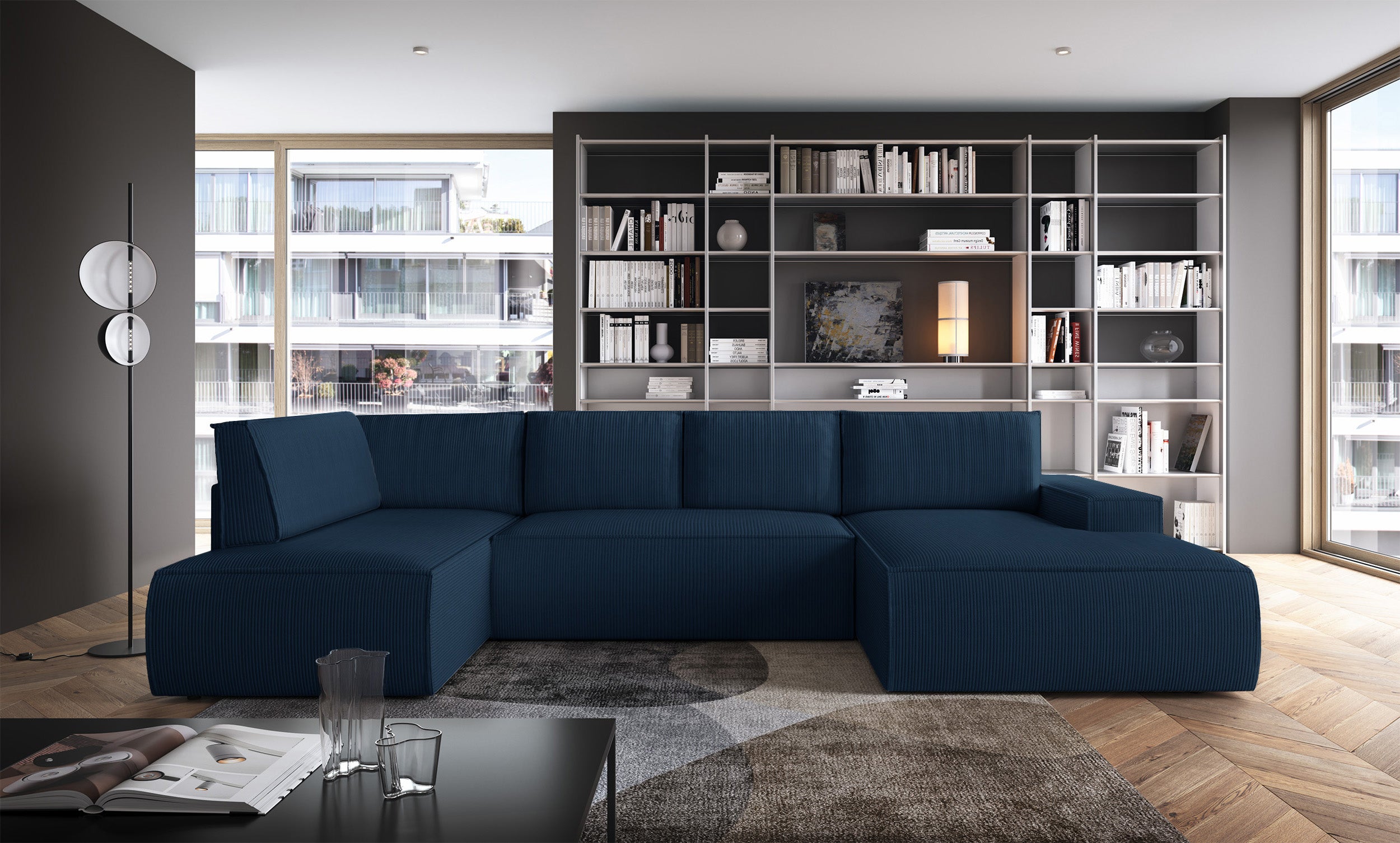 Ecksofa mit Schlaffunktion Farese New U-förmig mit Stauraum, rechtsseitig, dunkelblauer Cordstoff