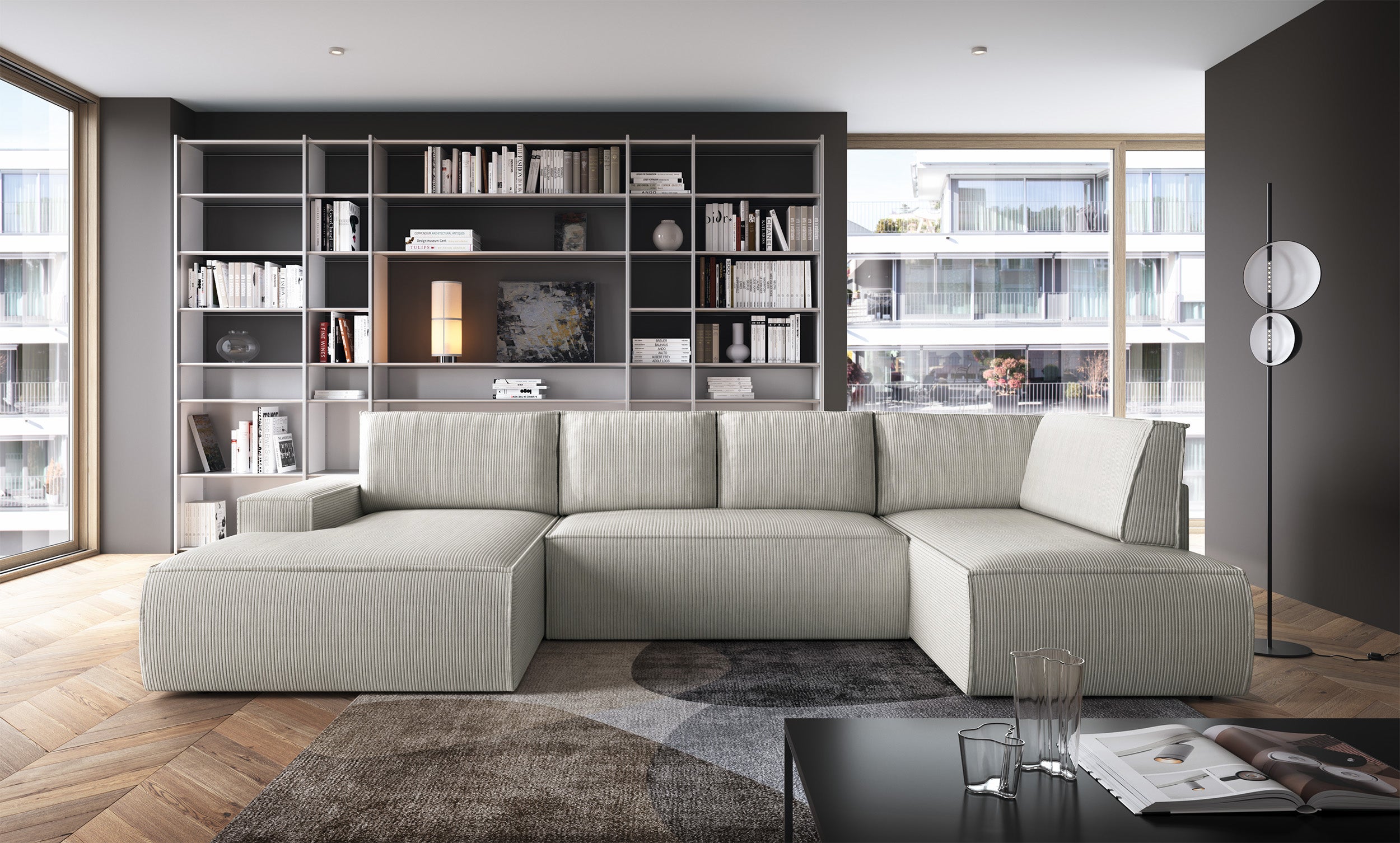 Ecksofa mit Schlaffunktion Farese New U-förmig mit Stauraum, linksseitig, cremefarben, Cordstoff