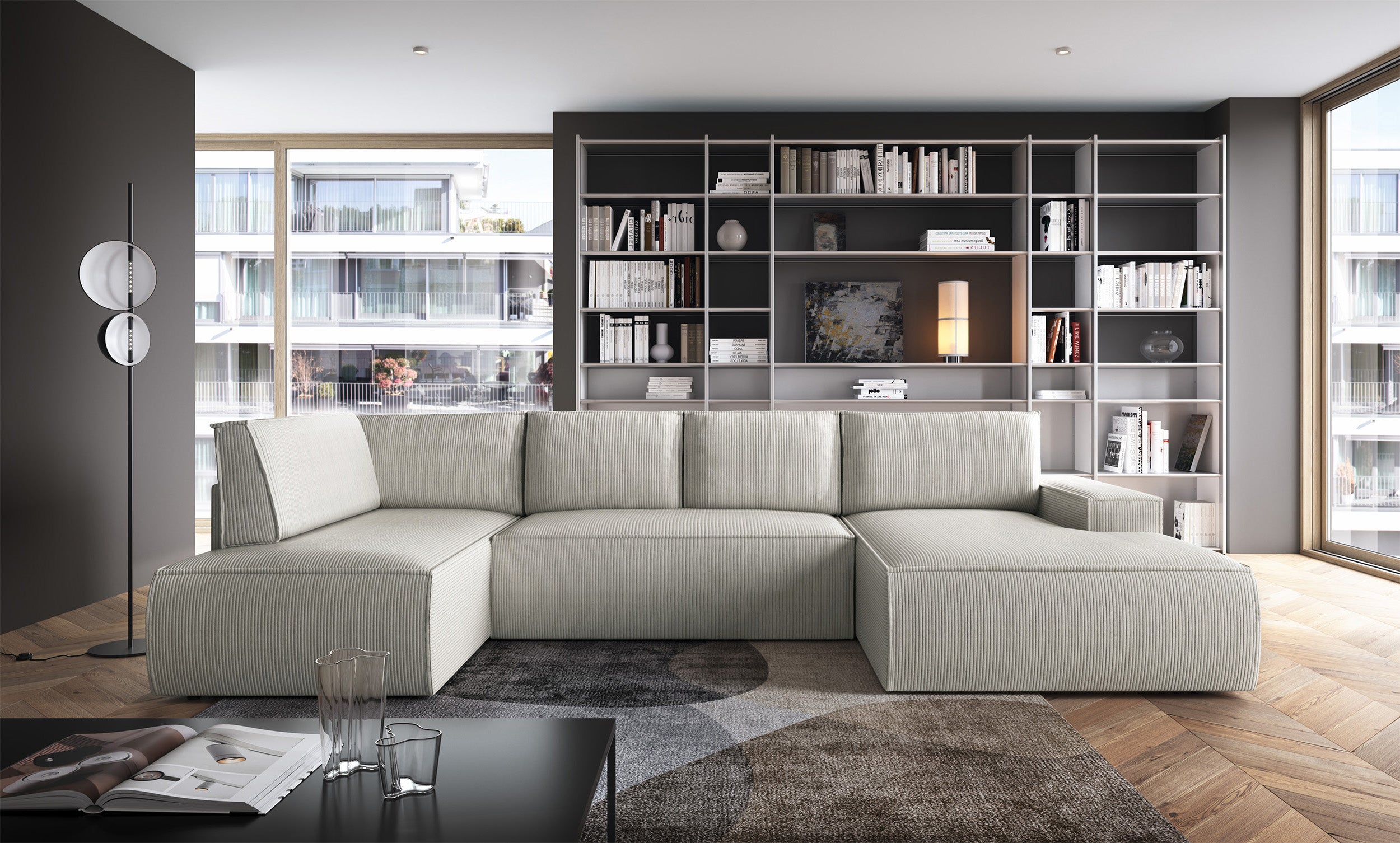 Ecksofa mit Schlaffunktion Farese New U-förmig mit Stauraum, rechtsseitig, cremefarbener Cordstoff