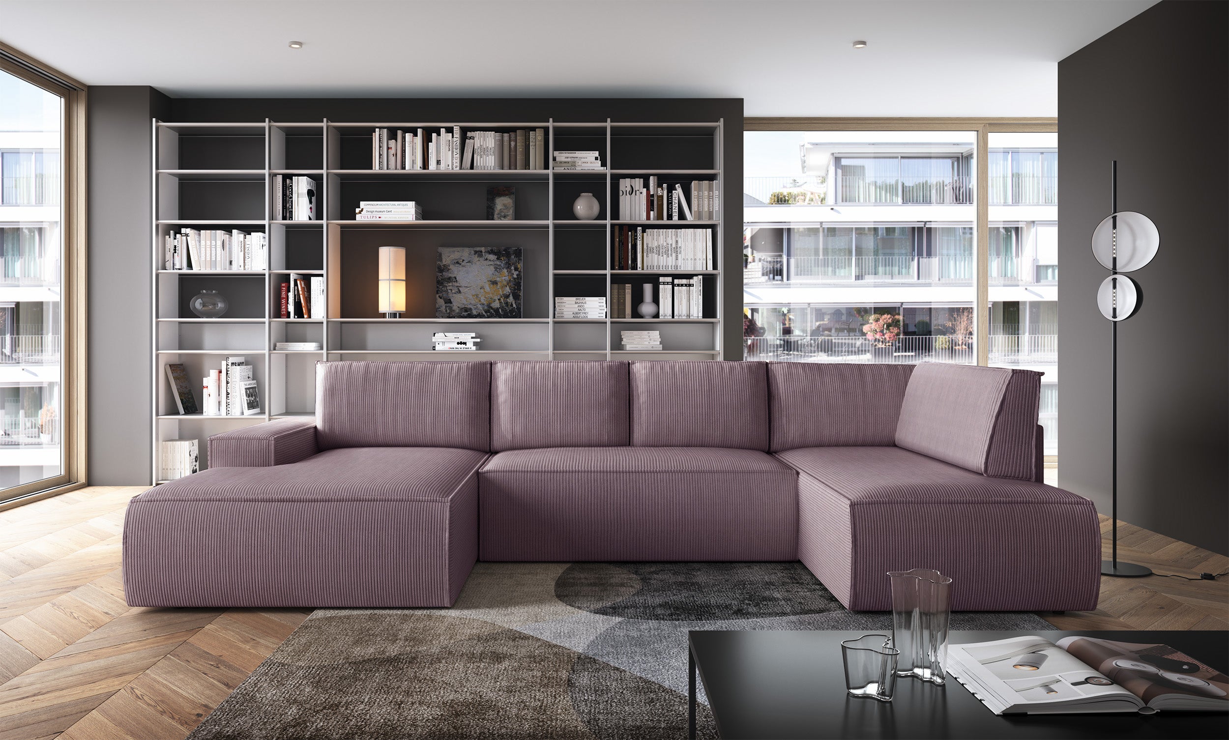 Ecksofa mit Schlaffunktion Farese New U-förmig mit Stauraum, linke Seite, rosa Cordstoff