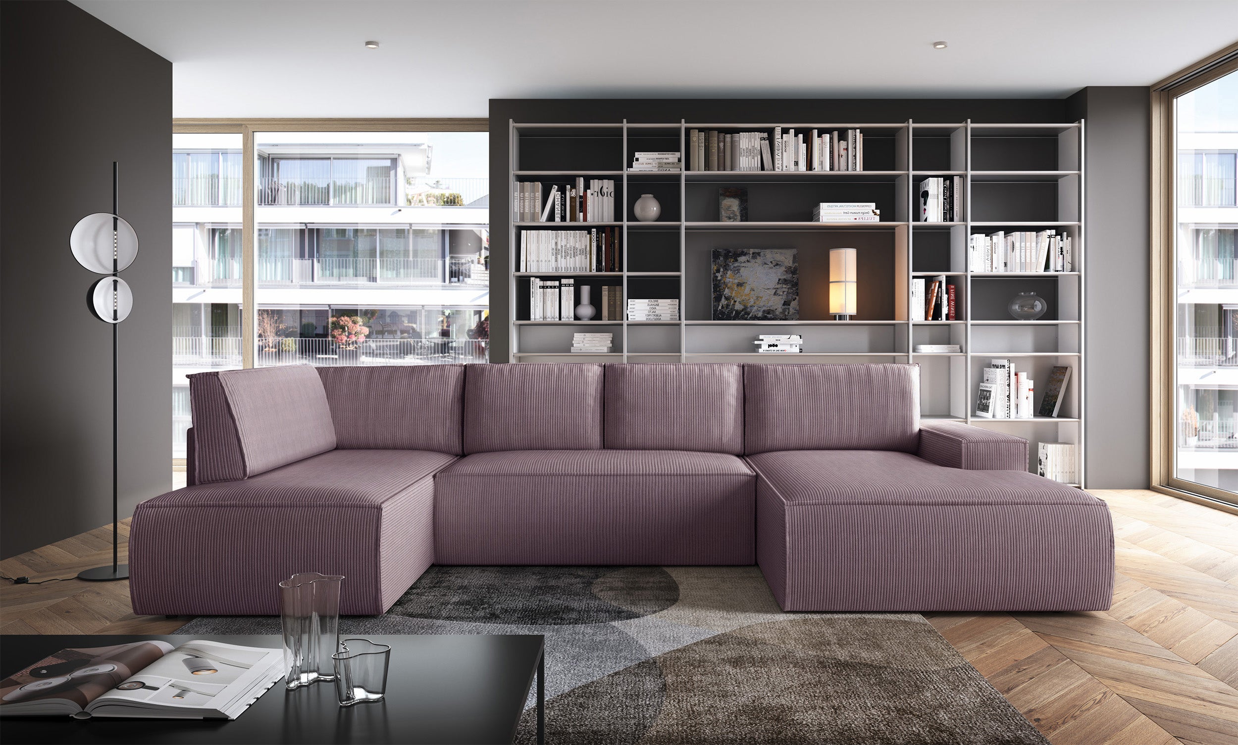 Ecksofa mit Schlaffunktion Farese New U-förmig mit Stauraum, rechtsseitig, rosa Cord