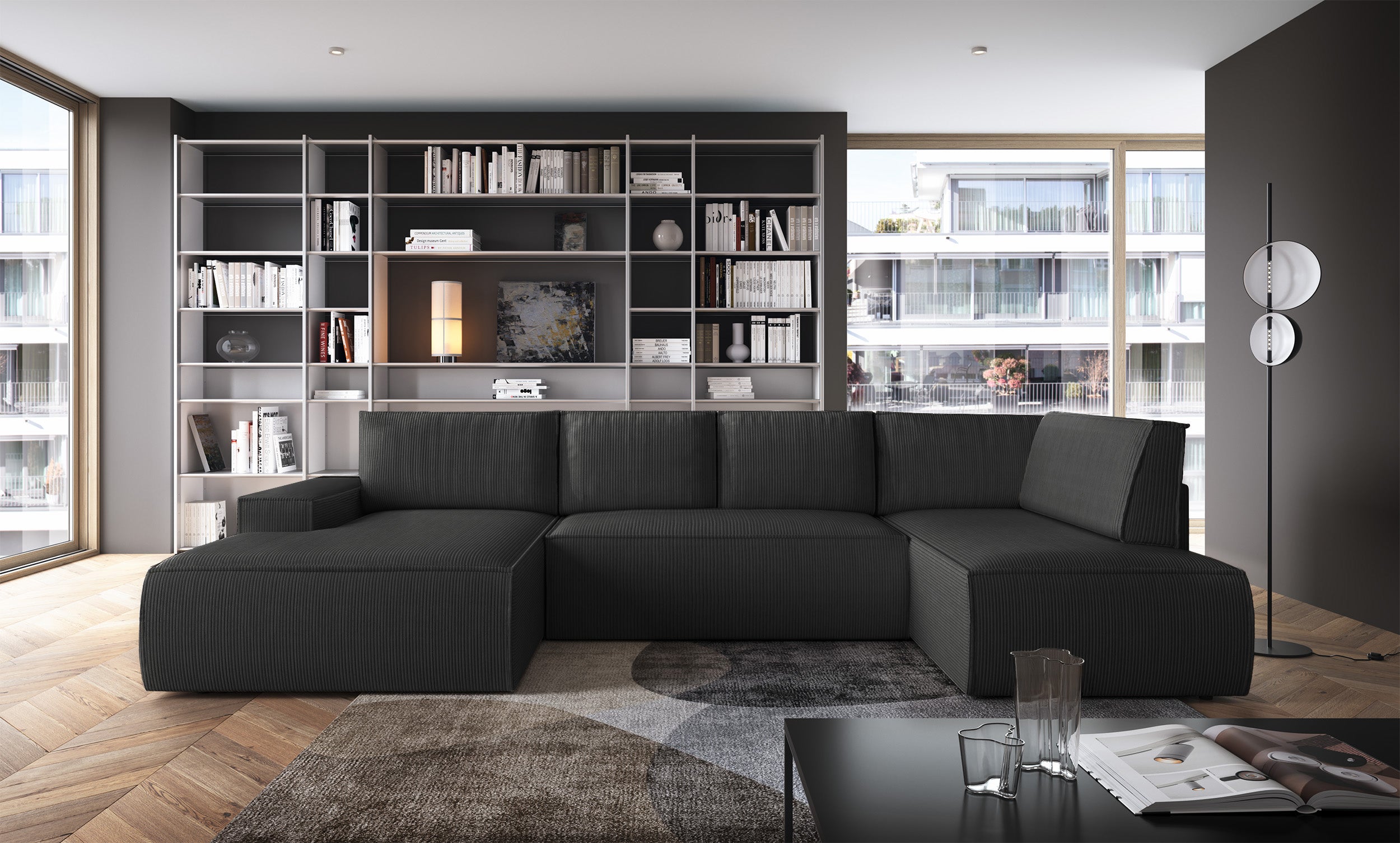 Ecksofa mit Schlaffunktion Farese New U-förmig mit Stauraum, linksseitig, dunkelgrauer Cordstoff