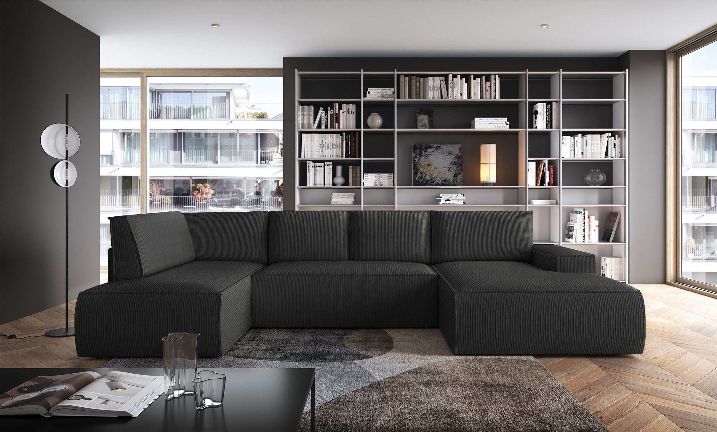 Ecksofa mit Schlaffunktion Farese New U-förmig mit Stauraum, rechtsseitig, dunkelgrauer Cordstoff