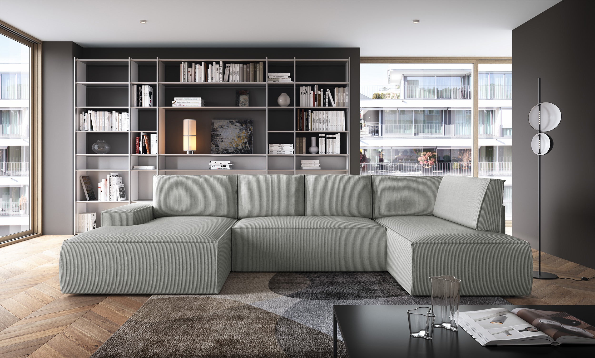 Ecksofa mit Schlaffunktion Farese New U-förmig mit Stauraum, linksseitig, hellgrauer Cordstoff