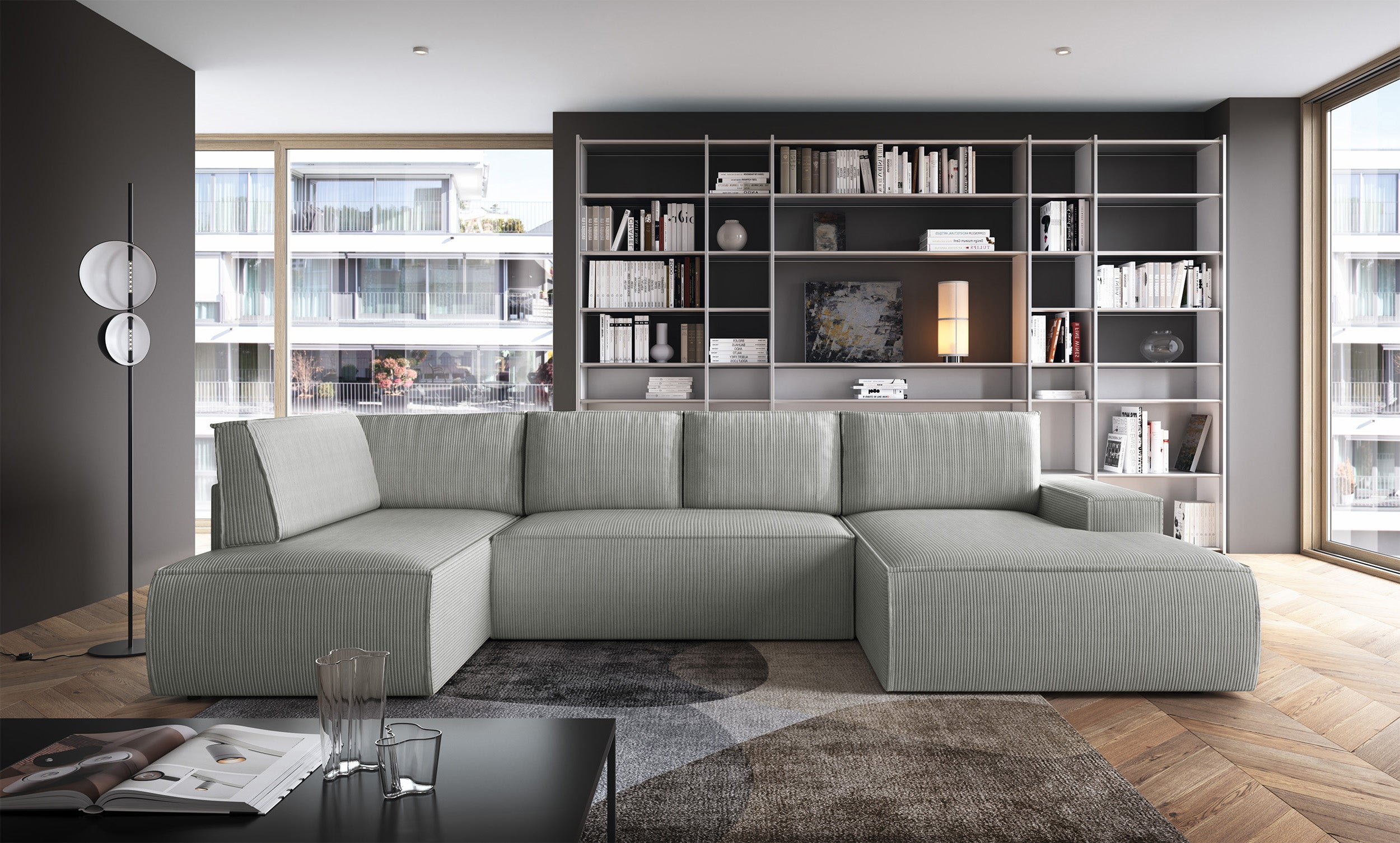 Ecksofa mit Schlaffunktion Farese New U-förmig mit Stauraum, rechtsseitig, hellgrauer Cordstoff