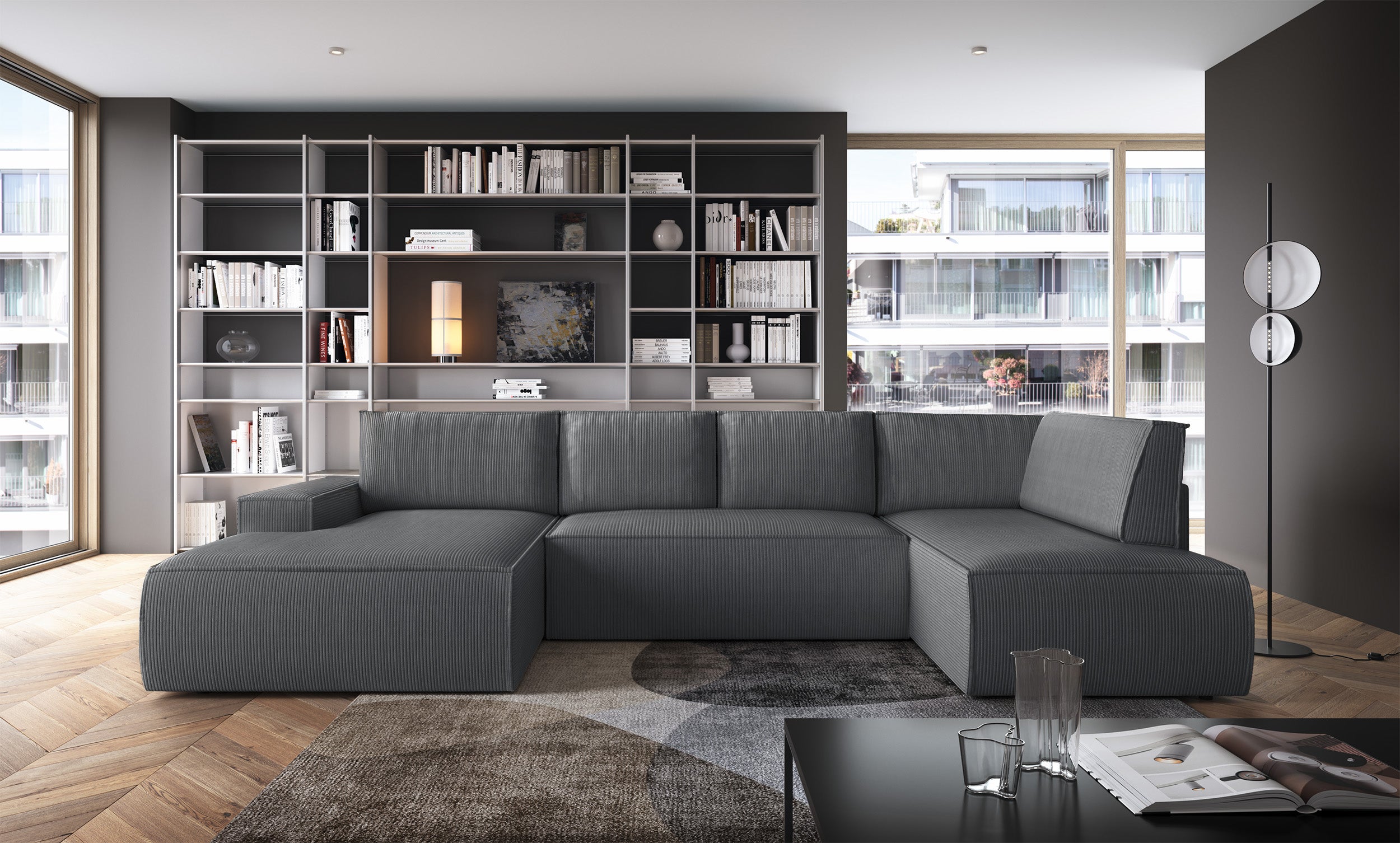 Ecksofa mit Schlaffunktion Farese New U-förmig mit Stauraum, linksseitig, grau Cord
