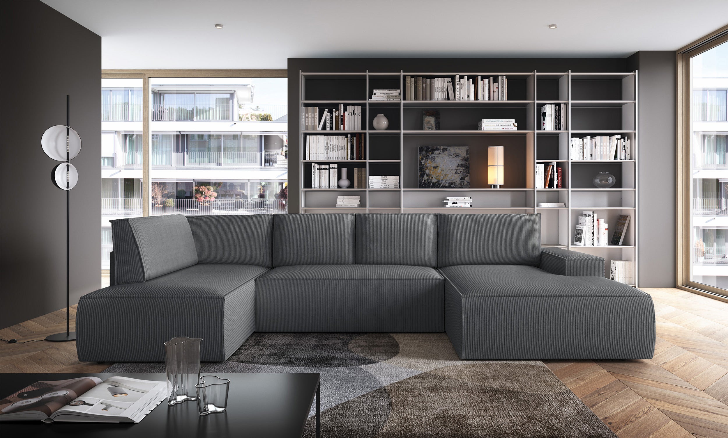Ecksofa mit Schlaffunktion Farese New U-förmig mit Stauraum, rechtsseitig, grau, Cordstoff