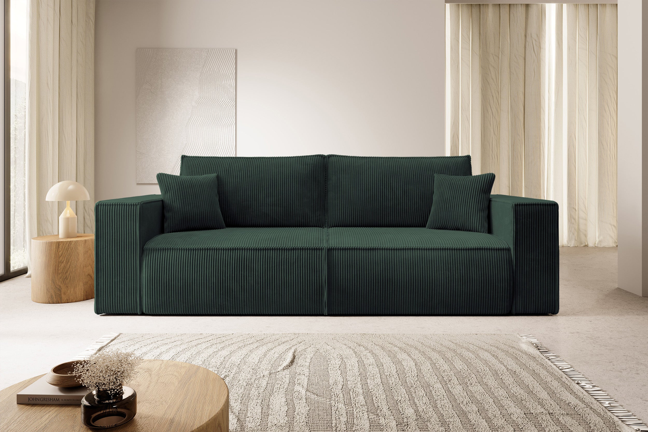 Dreisitziges ausklappbares Sofa Farese mit Stauraum, grün, Cordstoff