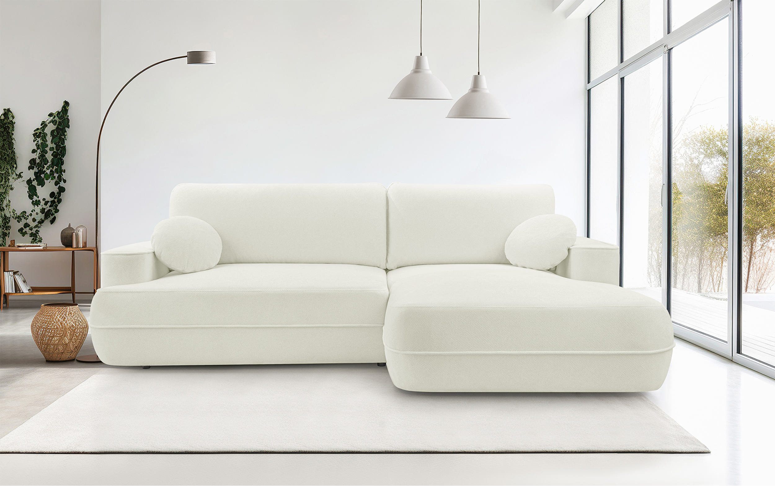 Ecksofa mit Schlaffunktion Fuerro, L-förmig, rechtsseitig, mit Stauraum, weiß, wasserabweisendes Geflecht