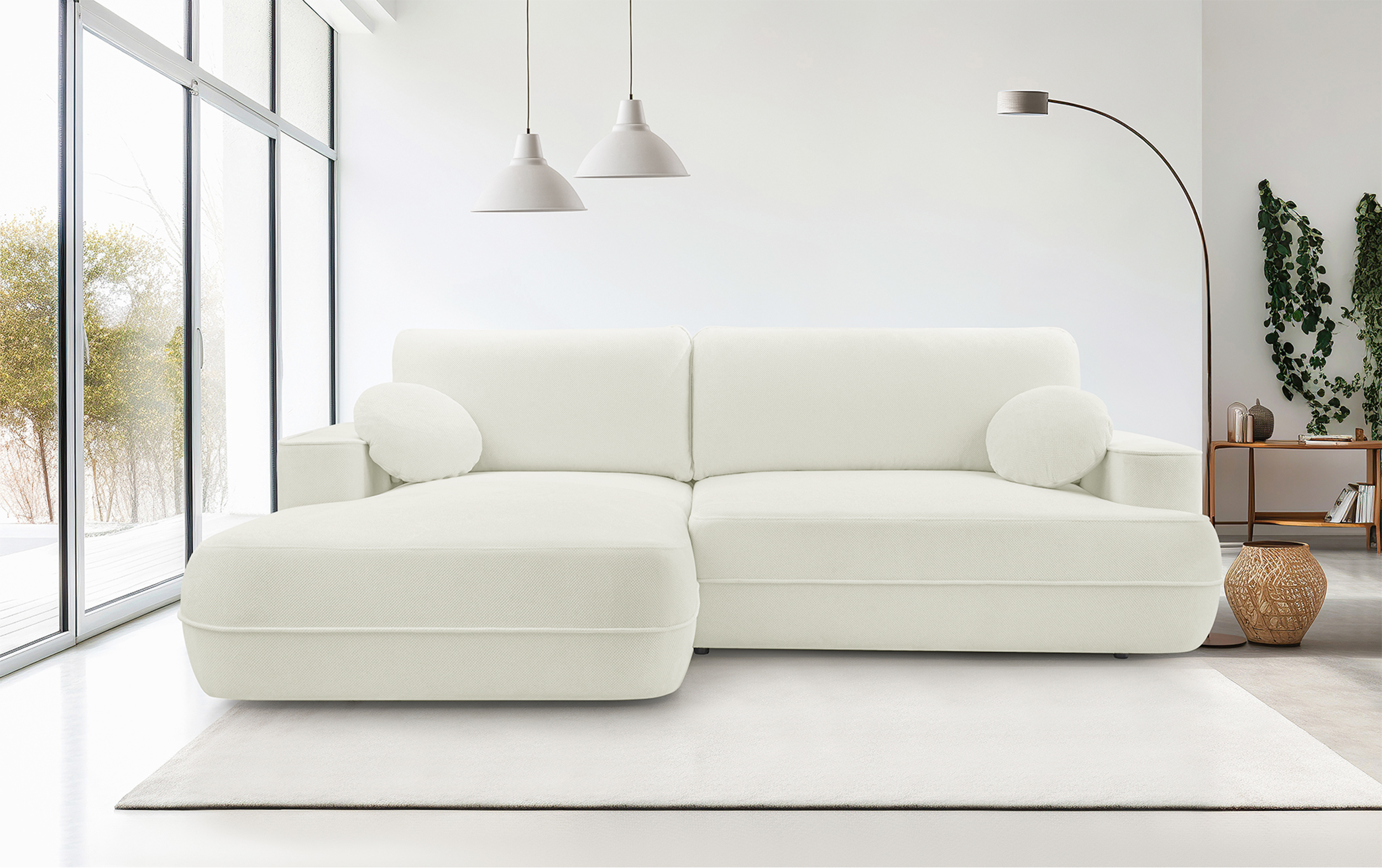 Ecksofa mit Schlaffunktion Fuerro, L-förmig, linksseitig, mit Stauraum, weiß, wasserabweisendes Geflecht