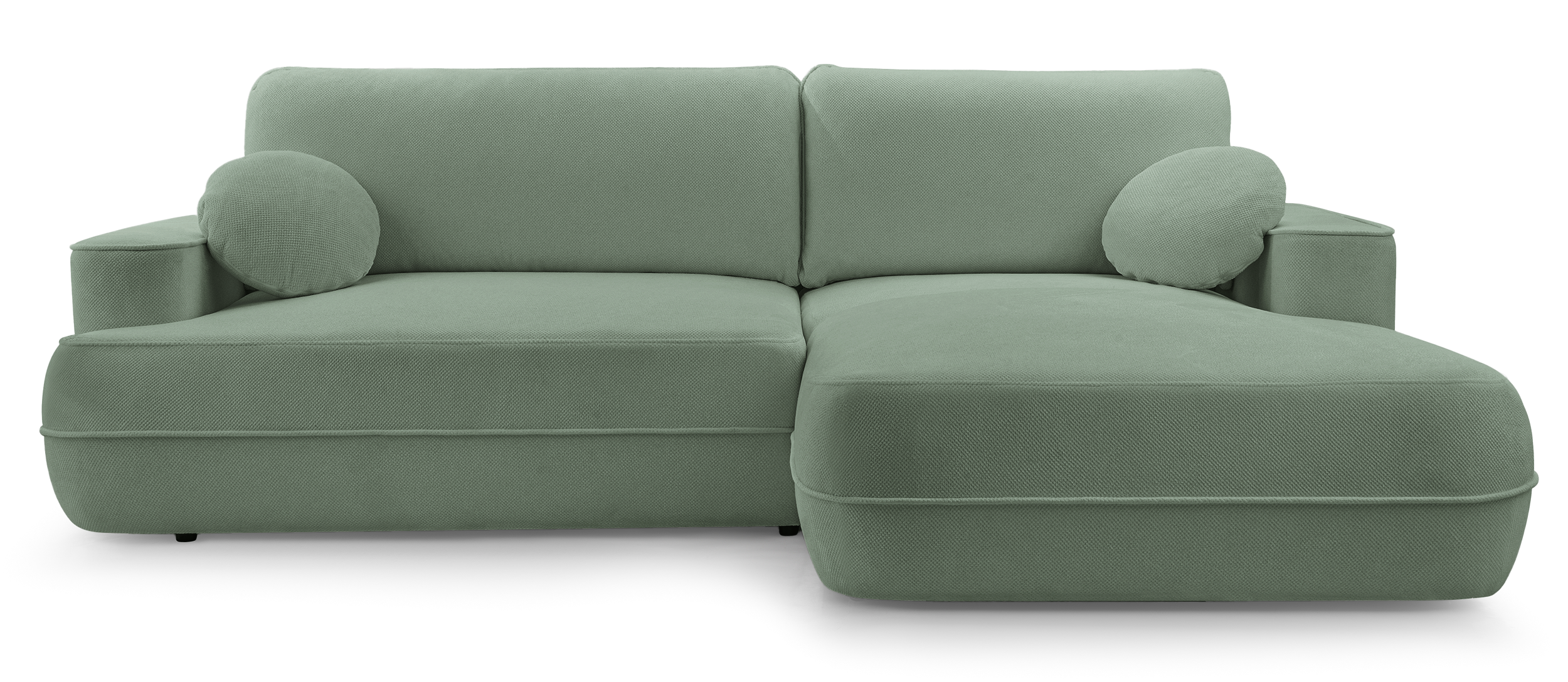 Ecksofa mit Schlaffunktion Fuerro, L-förmig, rechtsseitig, mit Stauraum, salbeigrün, geflochten, wasserabweisend