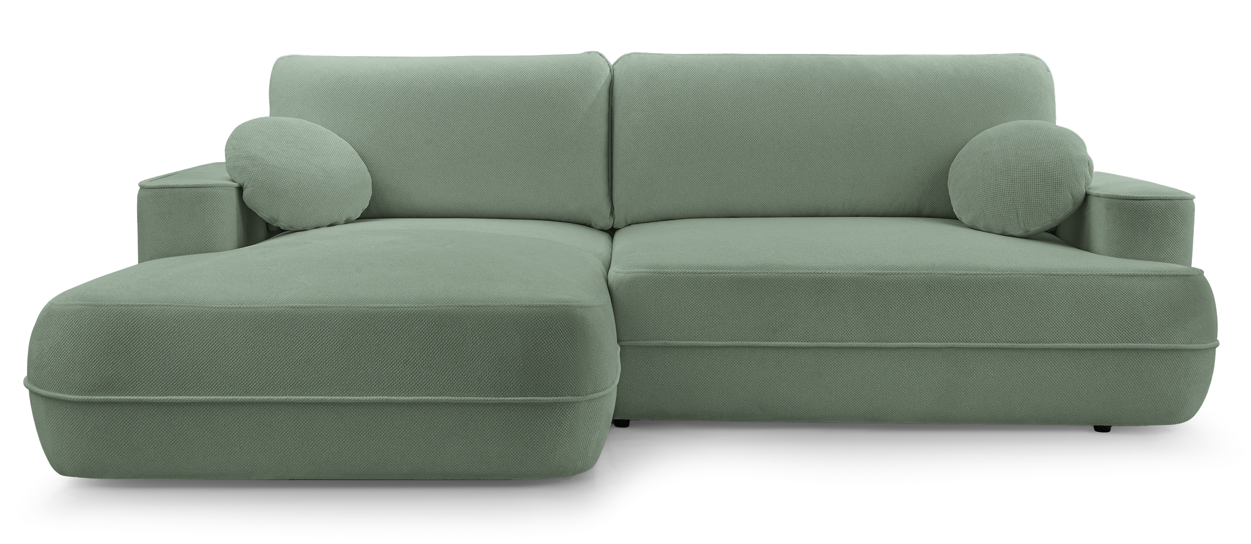 Ecksofa mit Schlaffunktion Fuerro, L-förmig, linksseitig, mit Stauraum, salbeigrüner Flechtstoff, wasserabweisend