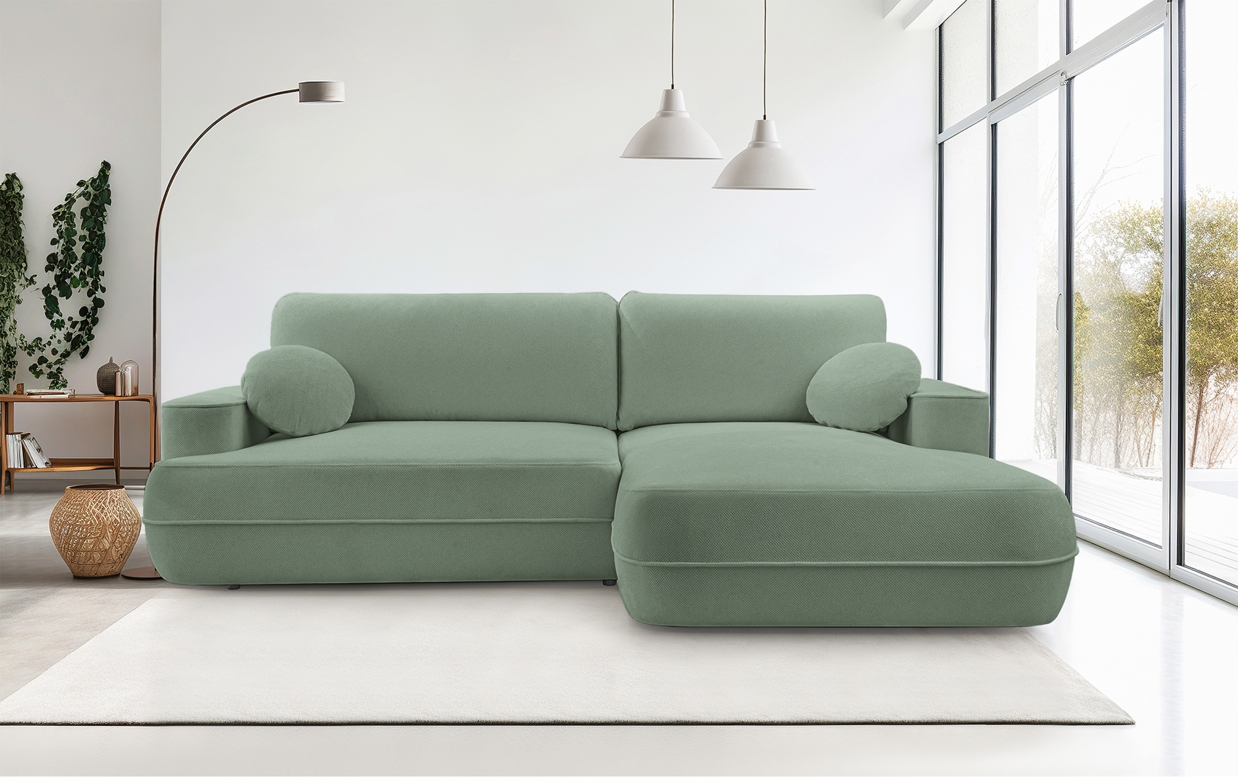 Ecksofa mit Schlaffunktion Fuerro, L-förmig, rechtsseitig, mit Stauraum, salbeigrün, geflochten, wasserabweisend