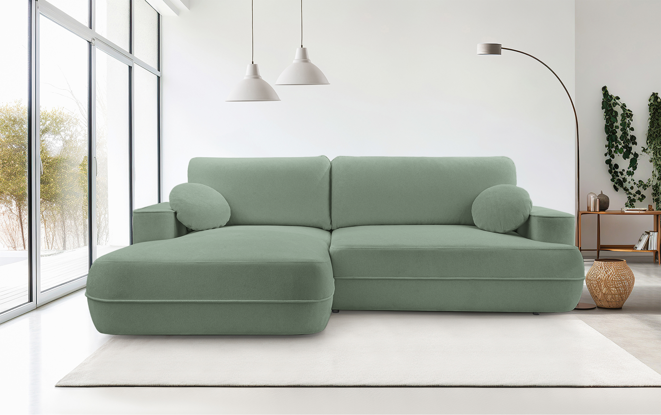 Ecksofa mit Schlaffunktion Fuerro, L-förmig, linksseitig, mit Stauraum, salbeigrüner Flechtstoff, wasserabweisend